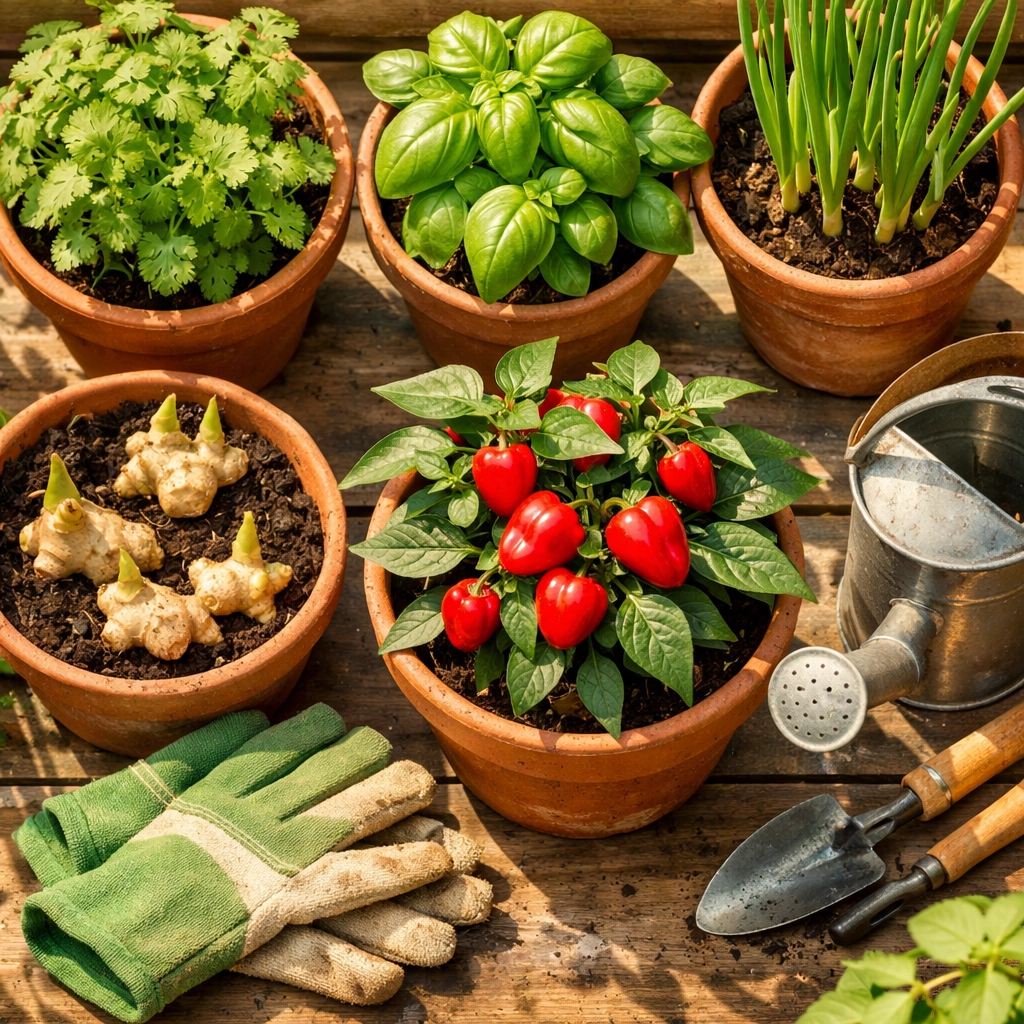 Urban container garden with herbs and scotch bonnet peppers growing on windowsill