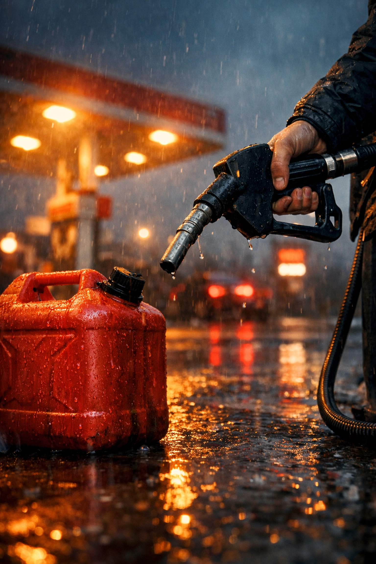 Person filling a red gas canister at a station, highlighting high fuel costs for portable generators.