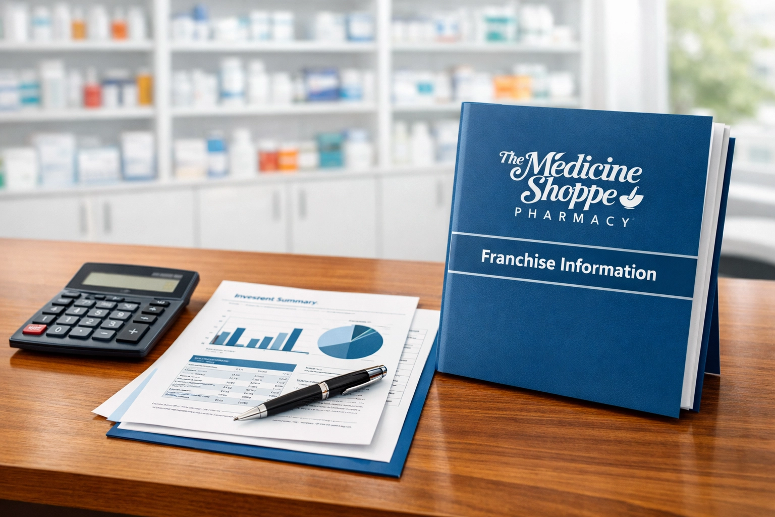 Medicine Shoppe franchise investment planning with financial documents and calculator