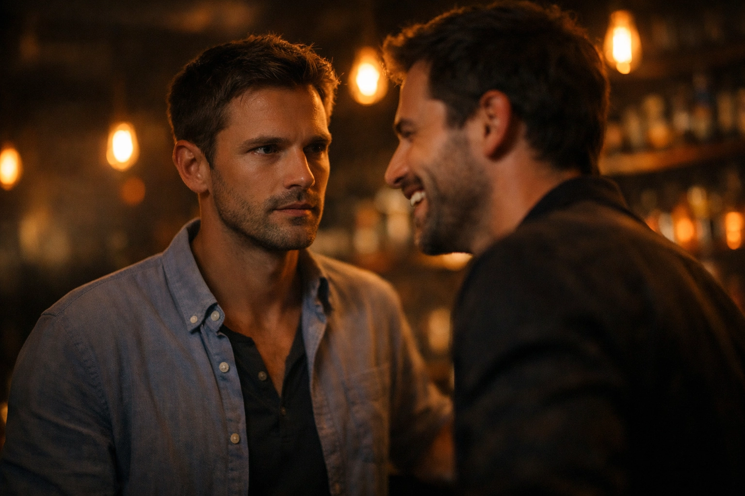 Two men sharing a moment of intense connection and romantic realization in a modern bar.