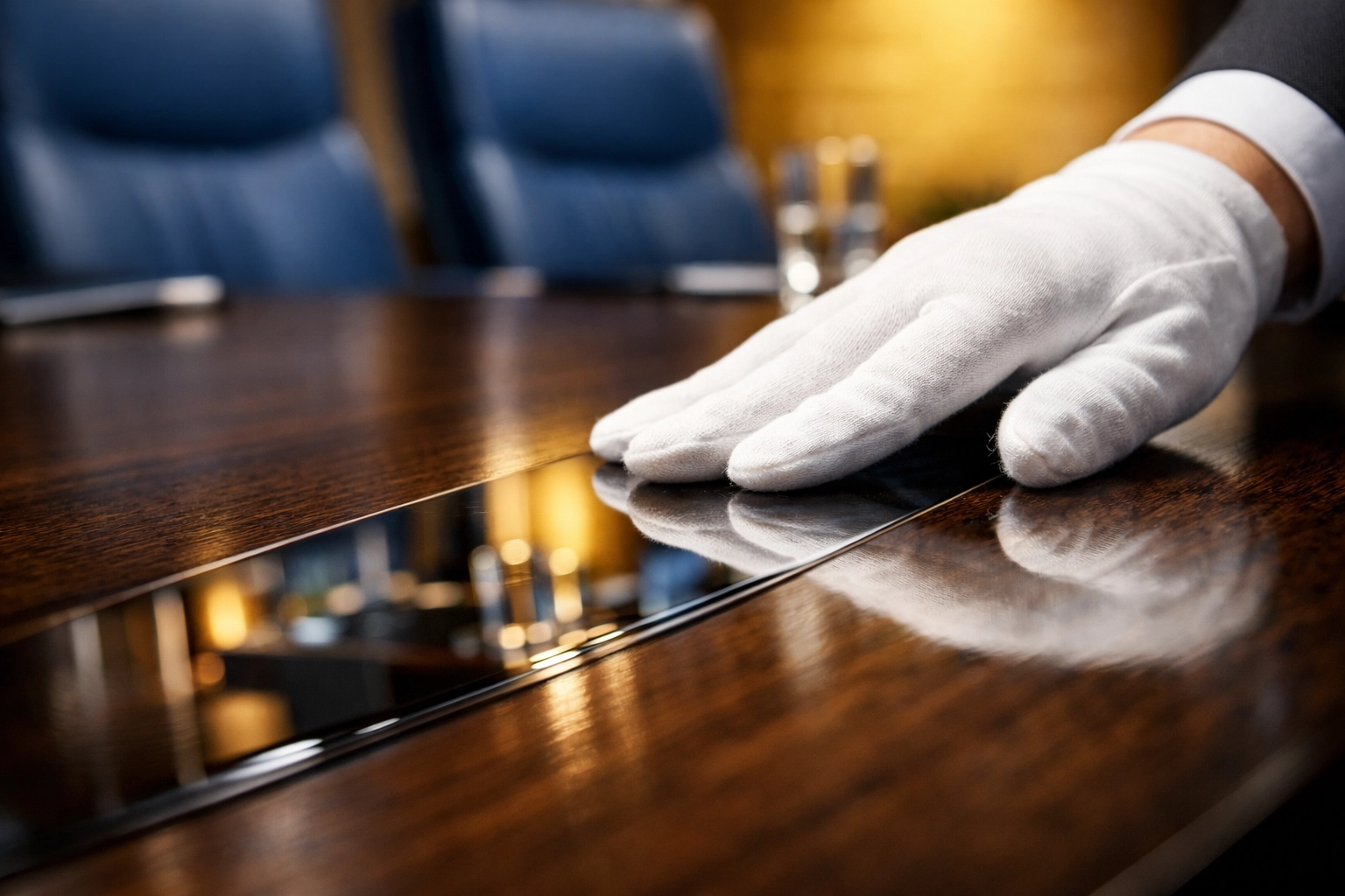 Professional cleaning in Bedford showing a polished boardroom table reflecting a high-end office interior.