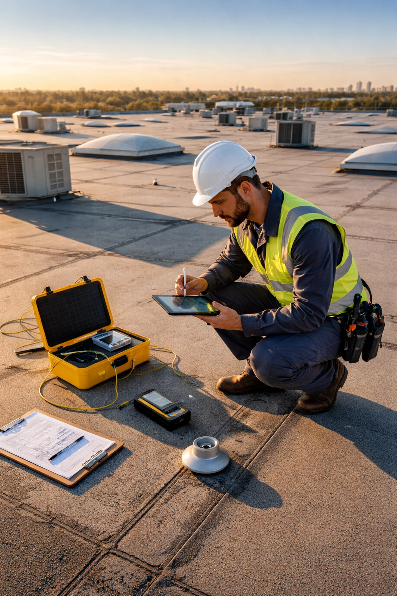 Engineer performing detailed site assessment for commercial solar installation on a large UK warehouse roof