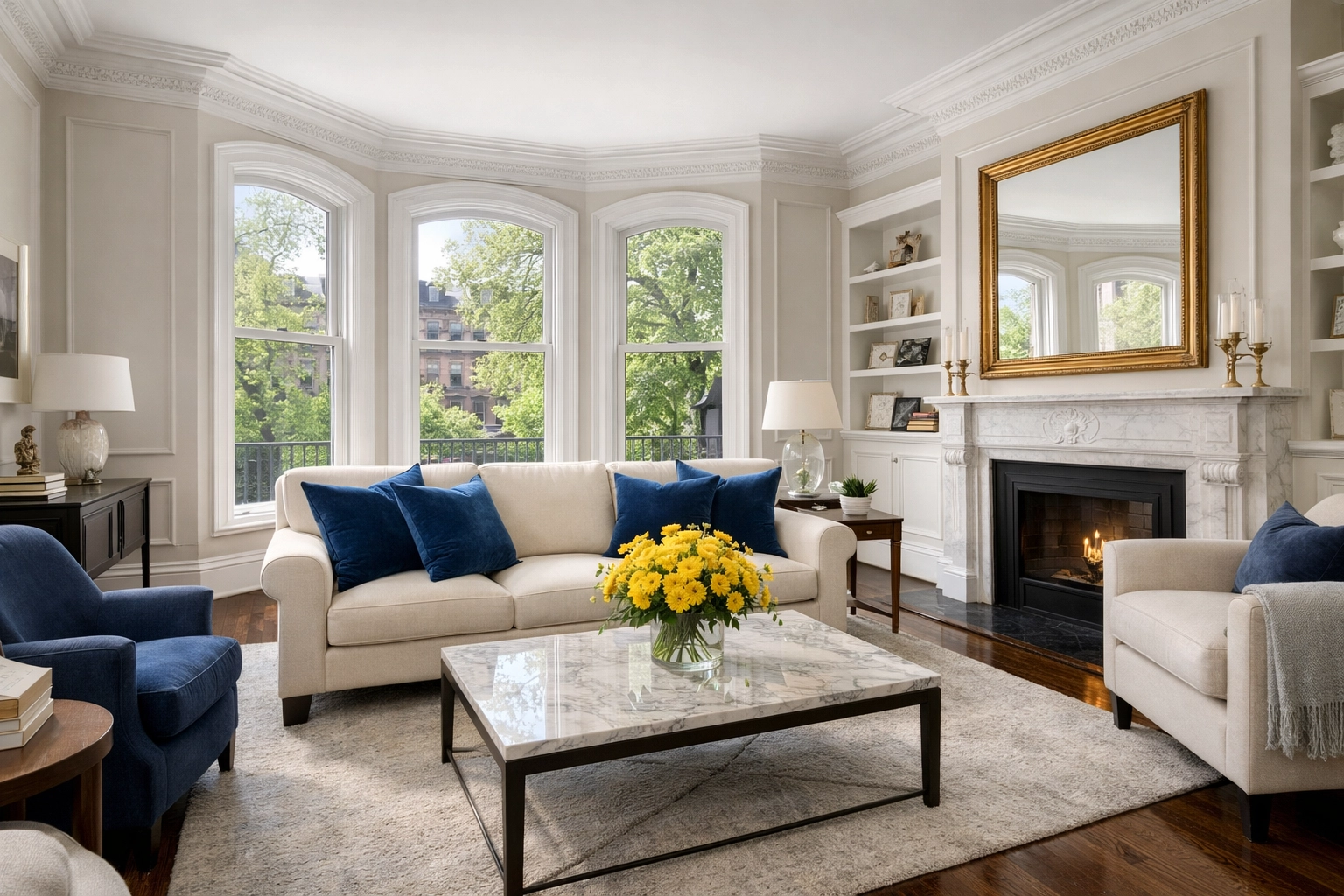 Clean living room in a historic Massachusetts home showcasing professional house cleaning services MA.