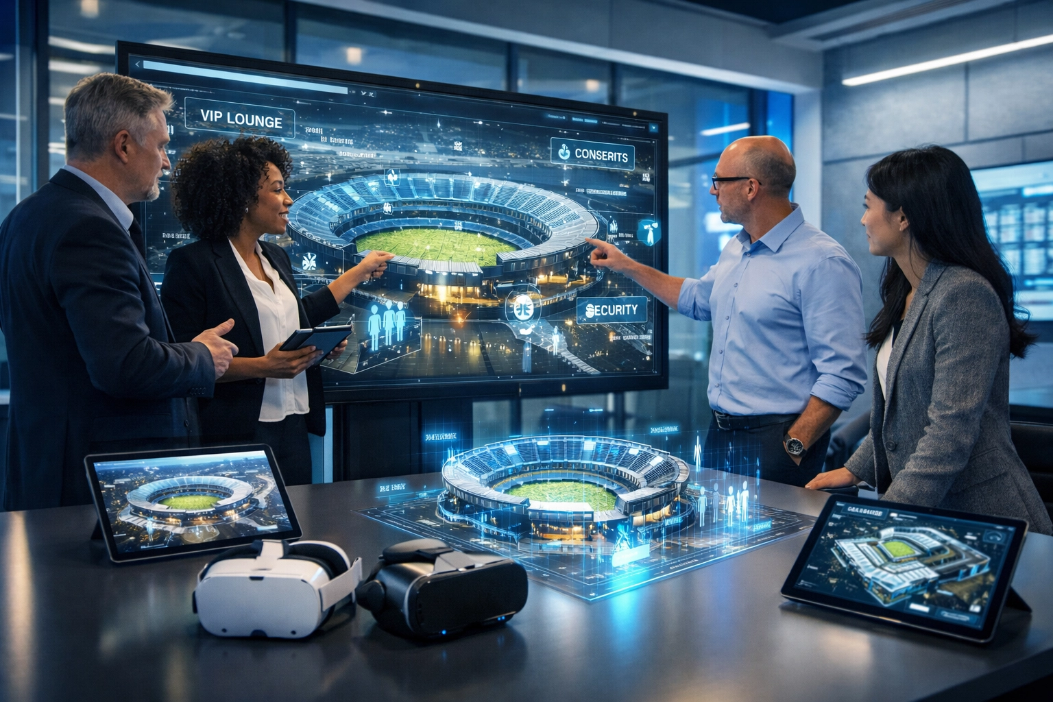 Marketing team collaborating on digital venue strategy using interactive display technology