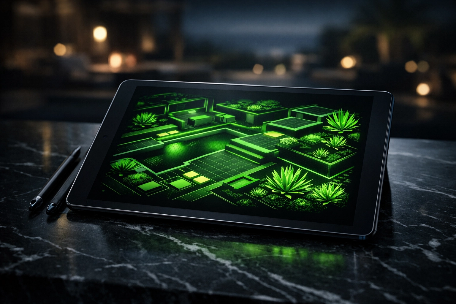 Modern garden design plan for a luxury San Diego landscaping project on a digital interface.