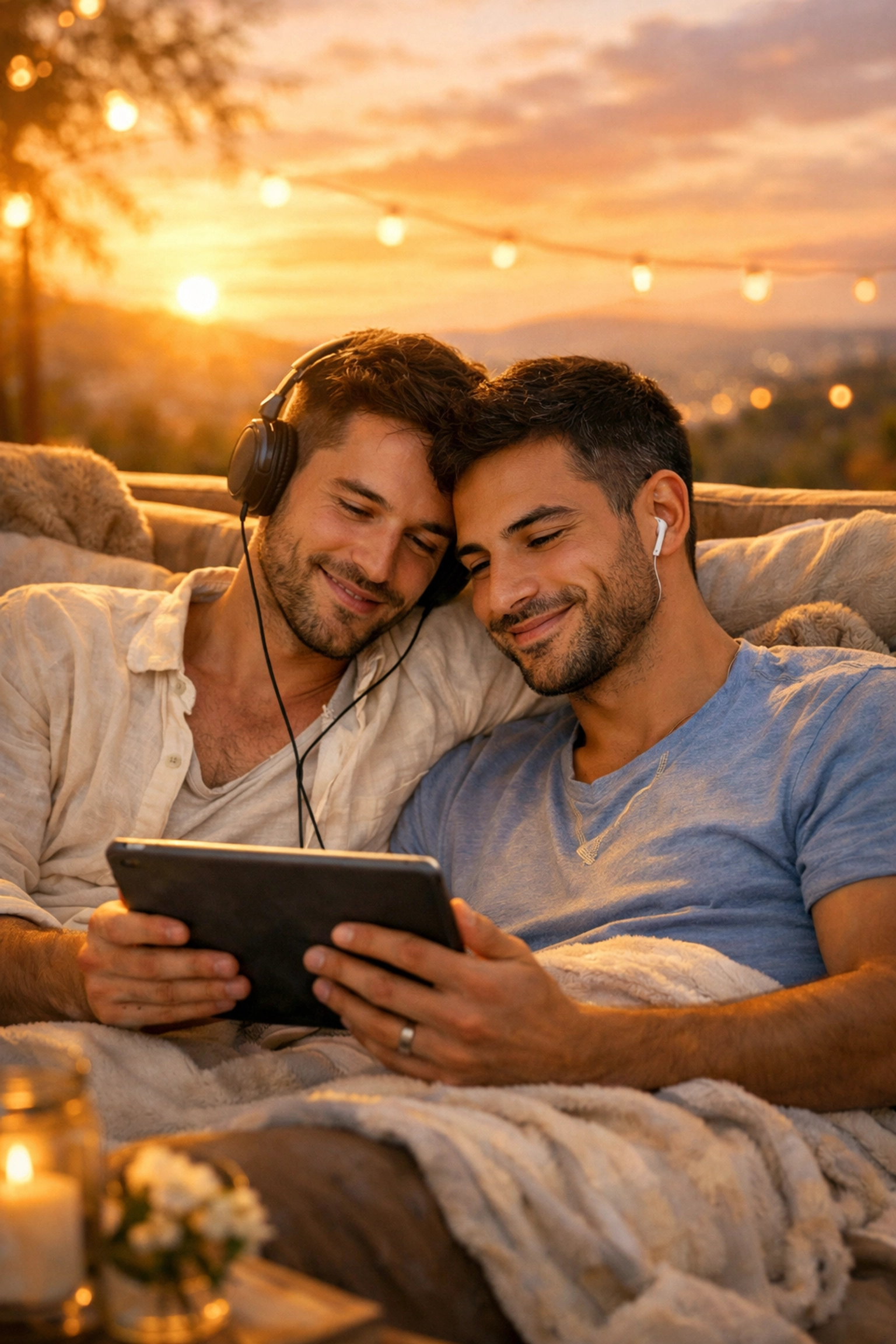 A romantic couple reading gay literature on a tablet together, illustrating the appeal of MM romance stories.