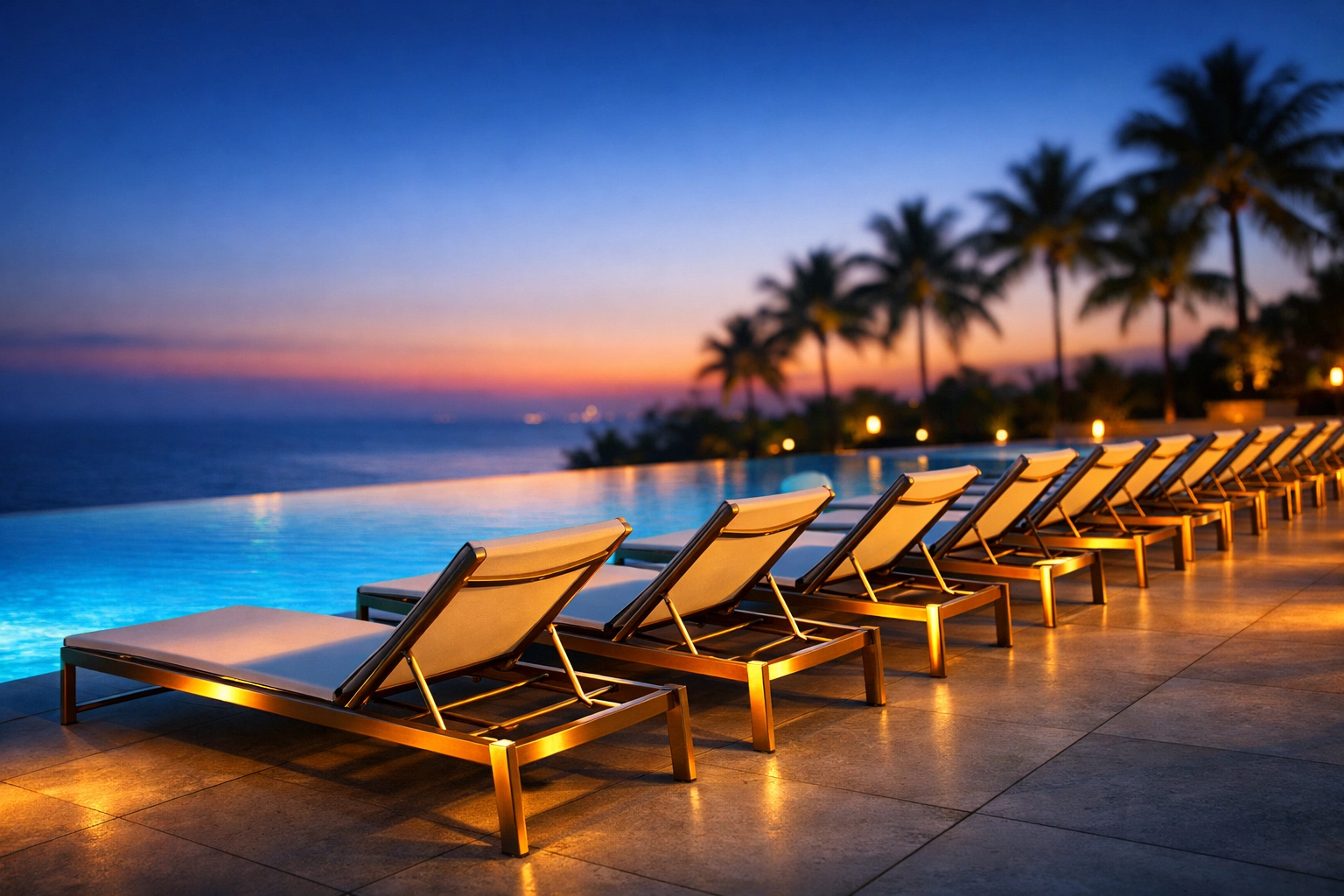Row of luxury poolside chaise lounges with high-grade replacement slings and durable frames.