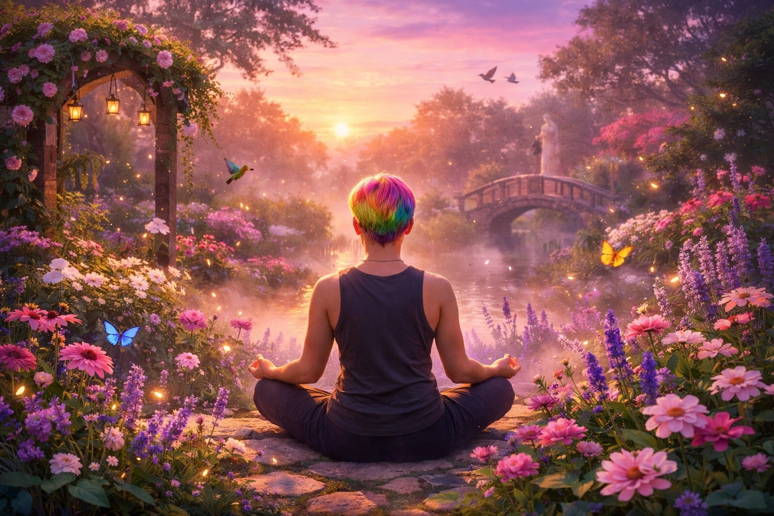 Person meditating in peaceful garden sanctuary, connecting creativity with nature