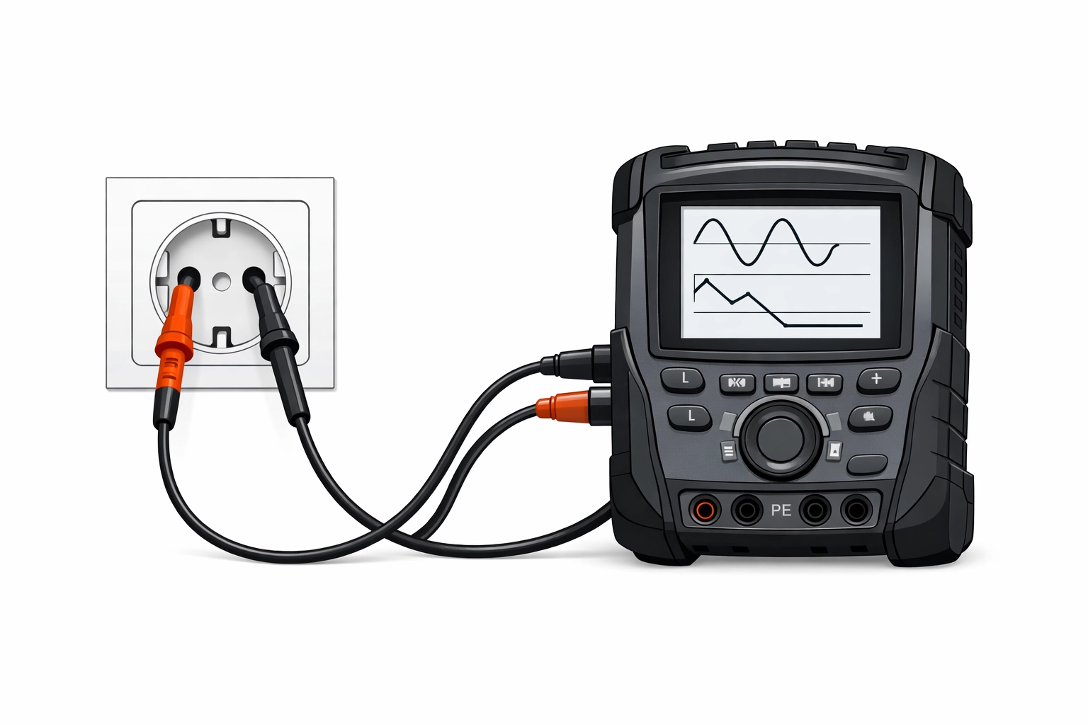 Digitales Installationsprüfgerät an einer Steckdose für die präzise Messung beim E-Befund Wien.