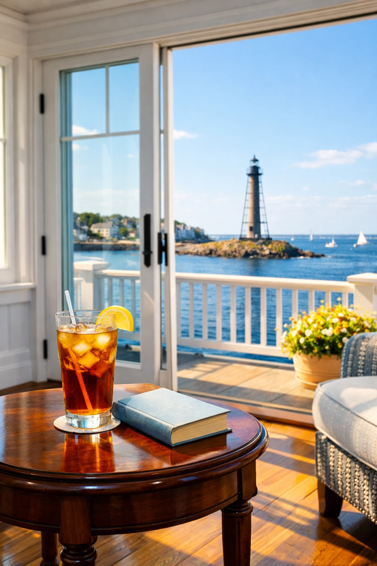 Clean Marblehead sunroom overlooking the harbor, showing the time-saving results of ninja efficiency.