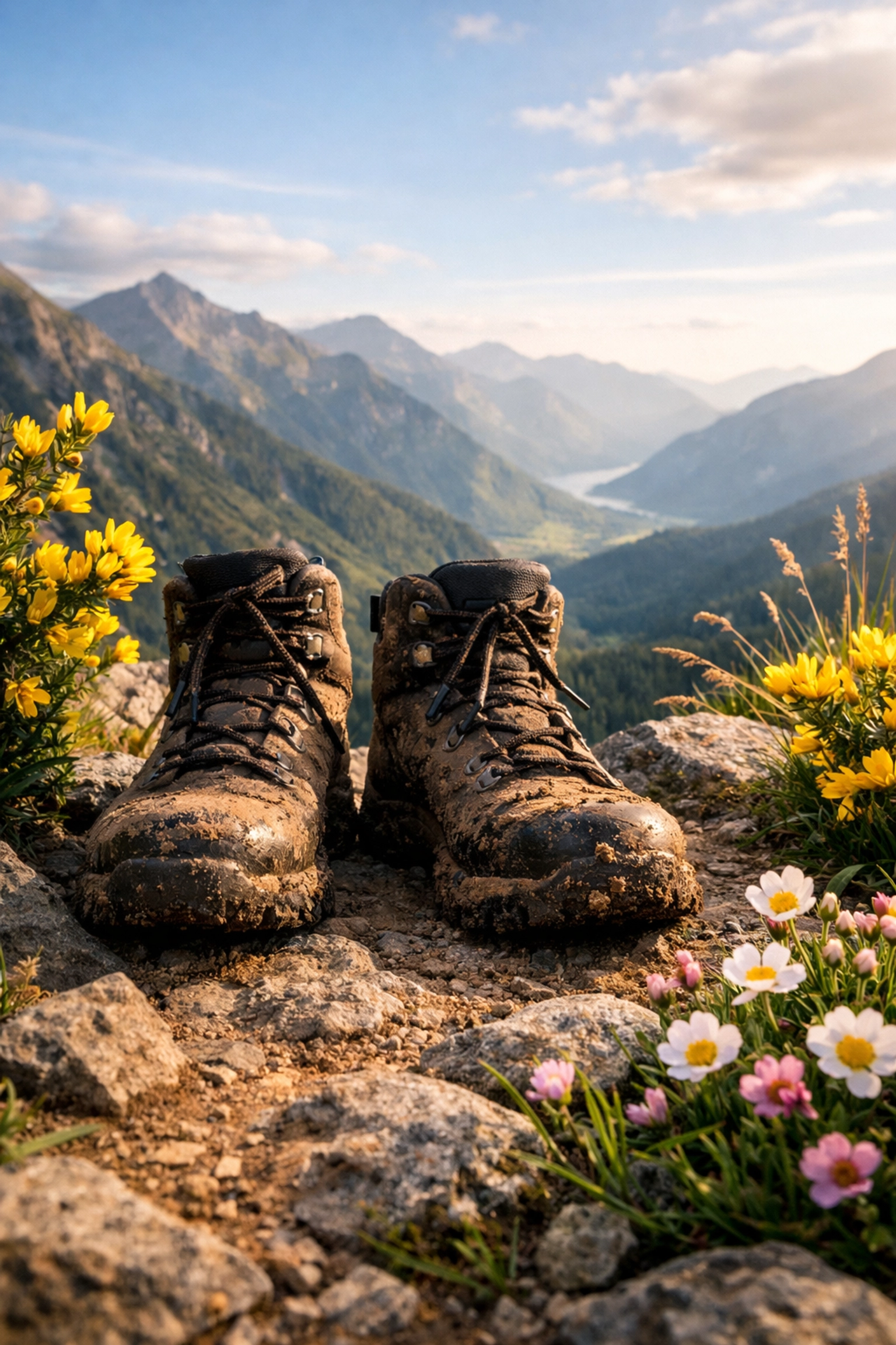 Muddy hiking boots on a rocky overlook with mountain views, capturing the spirit of a bank holiday adventure in the UK.