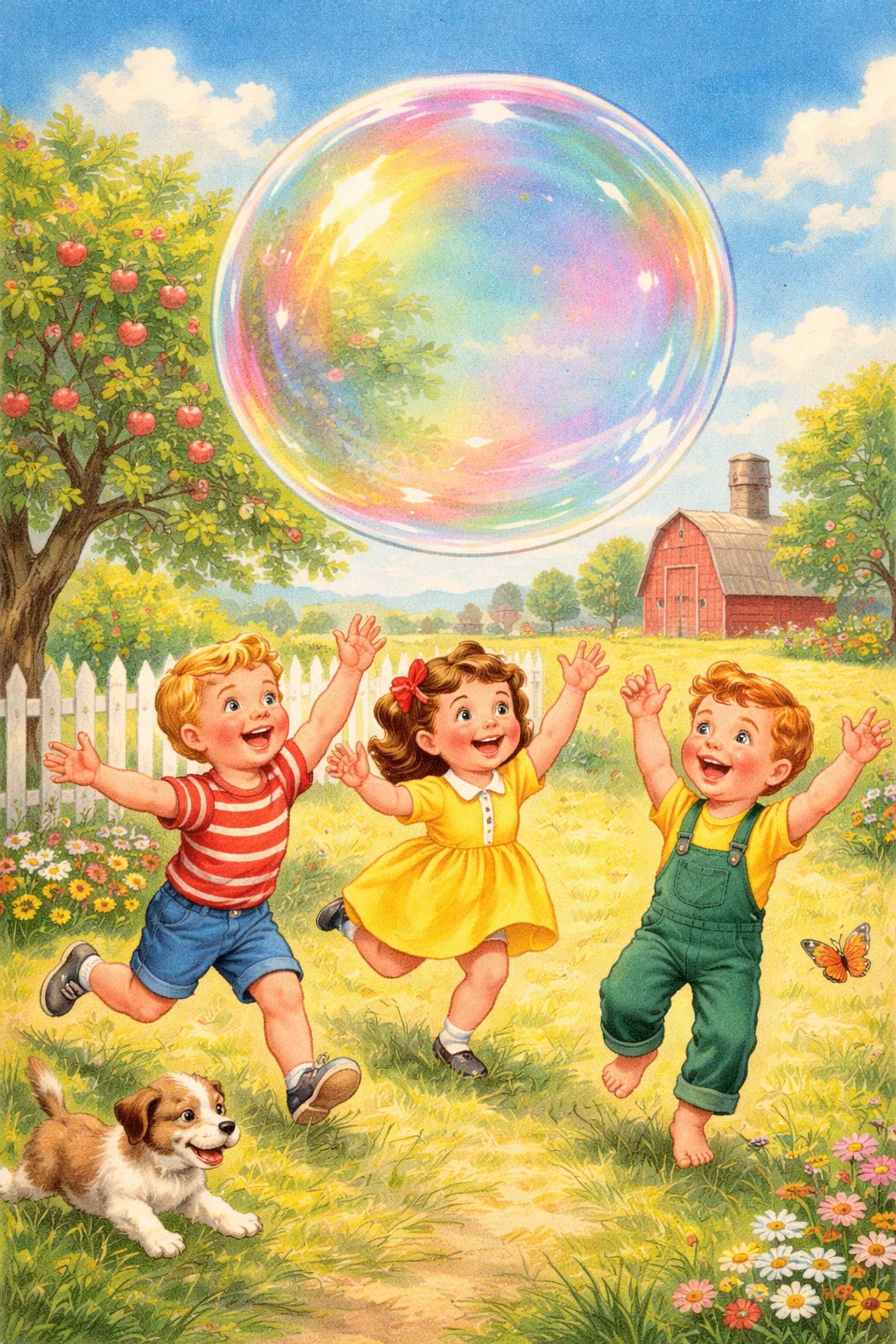 Three kids chase an enormous bubble floating in the backyard, enjoying a giant bubble activity.