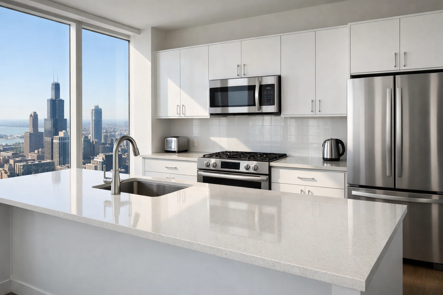 Modern Chicago apartment kitchen ready for a pre-departure turnover audit and inspection.