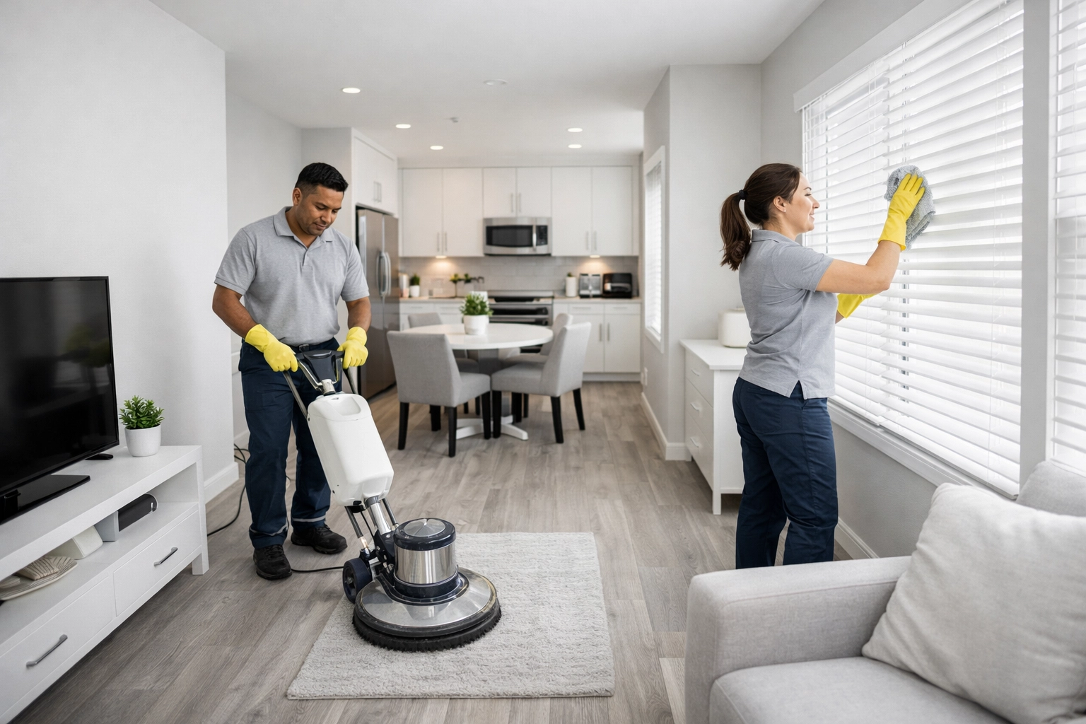 Professional cleaning team performing apartment turnover service with specialized equipment
