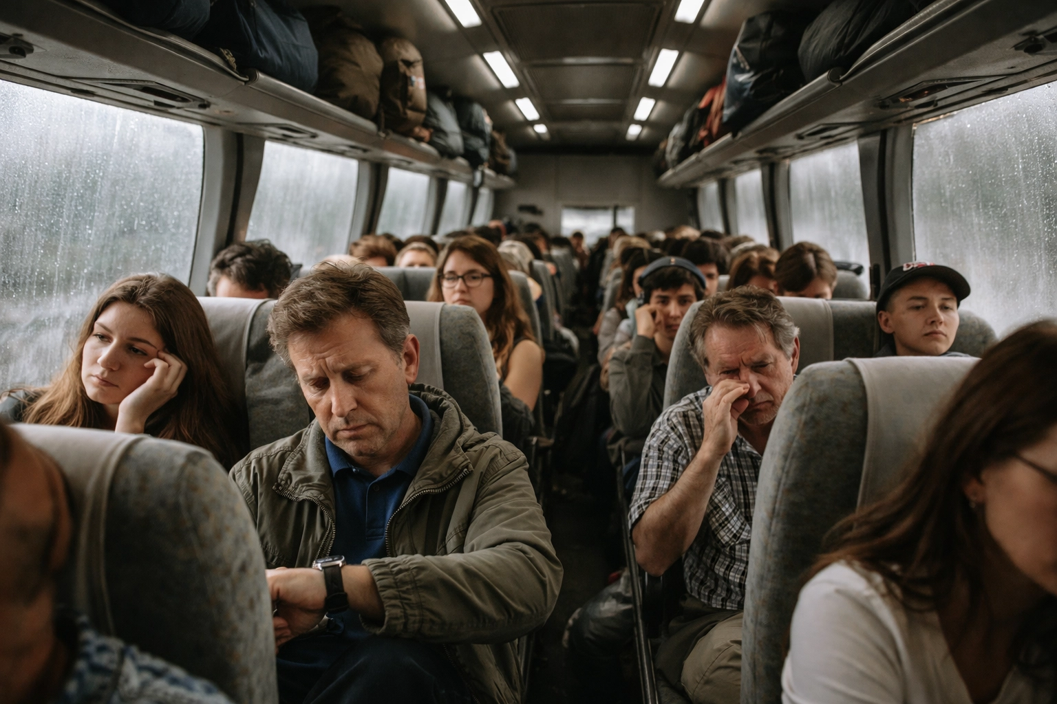 Cramped interior of a crowded coach tour, passengers looking tired and impatient, highlighting the discomfort of group travel.