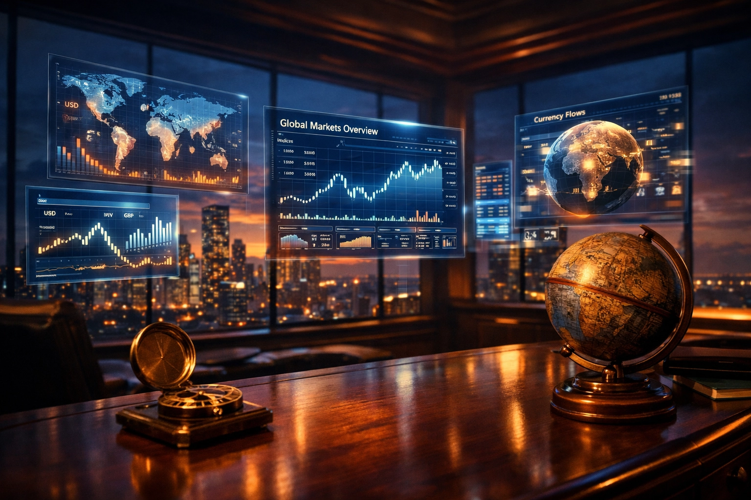 Strategic investment command center with global market data screens for private equity portfolio diversification