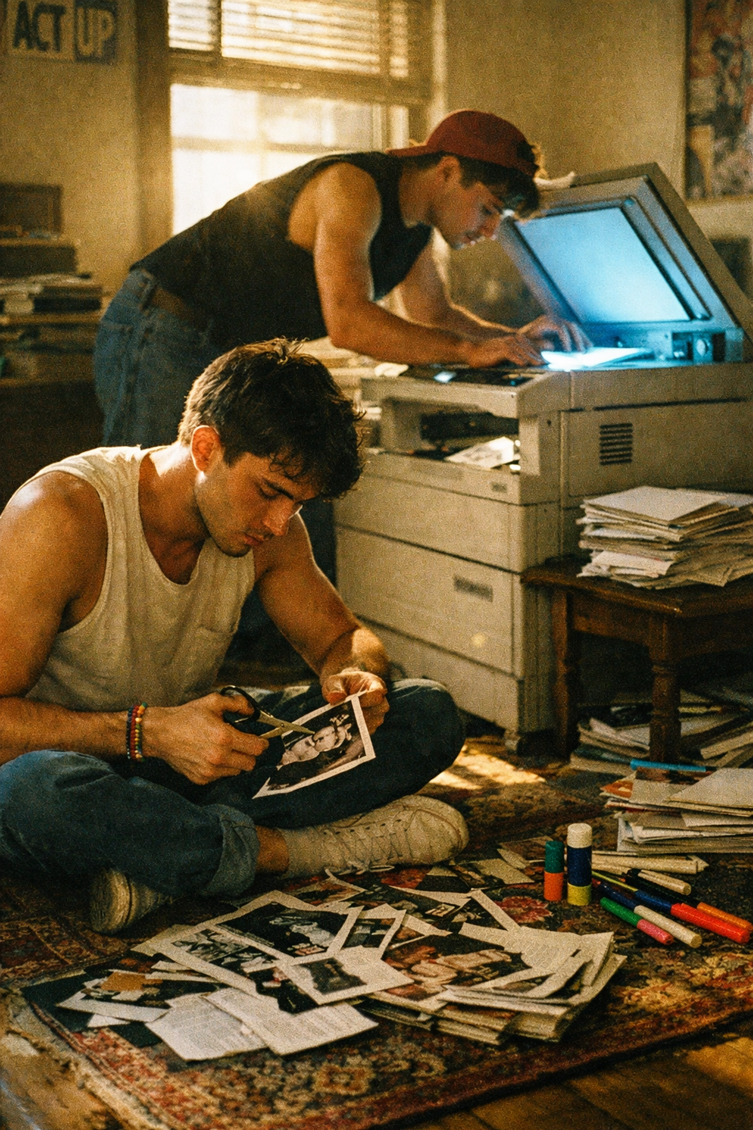 Two young gay men creating a DIY queer history zine using a photocopier in a vintage apartment.