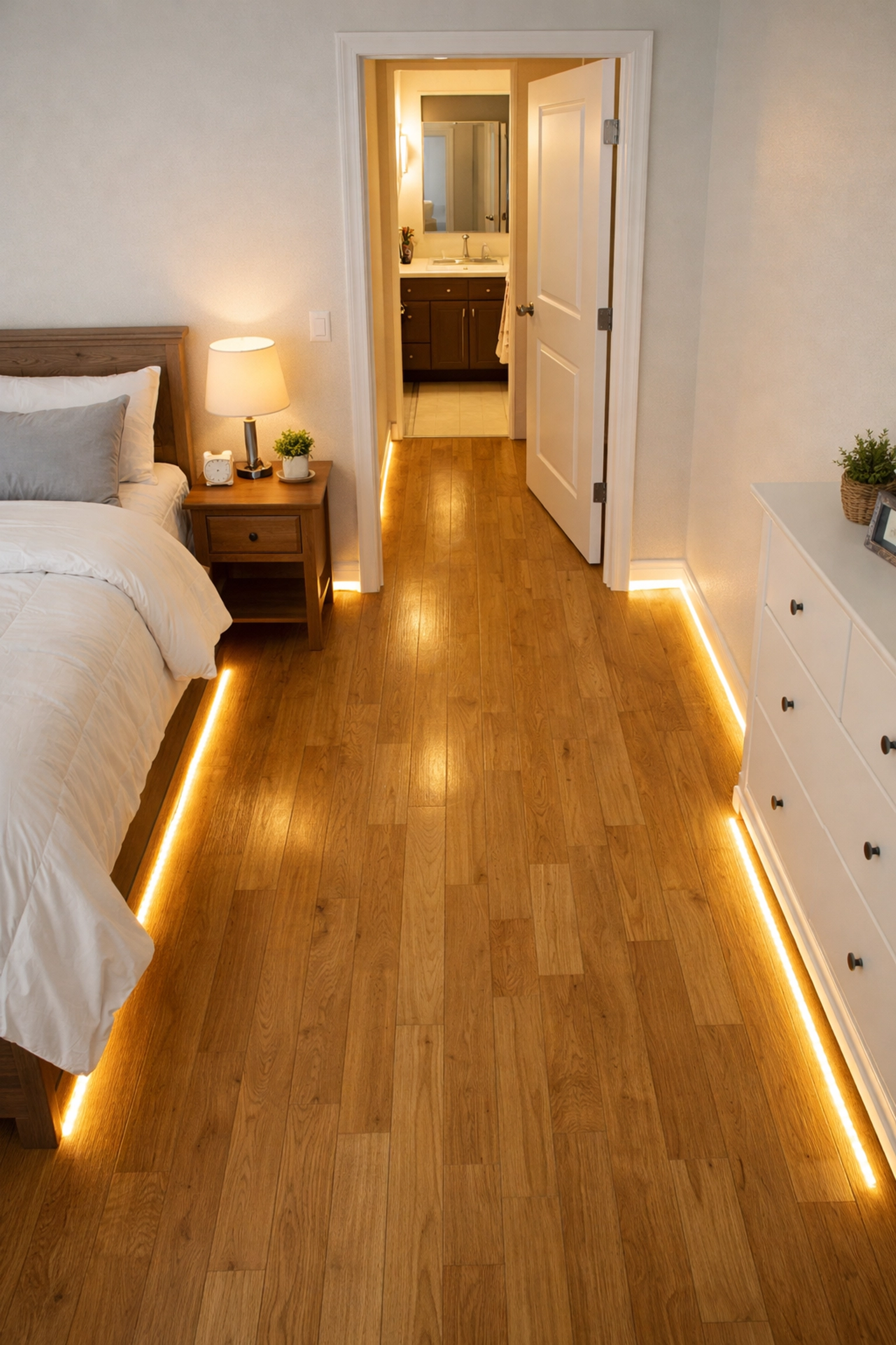 Safe bedroom layout with clear pathway and LED floor lighting from bed to bathroom