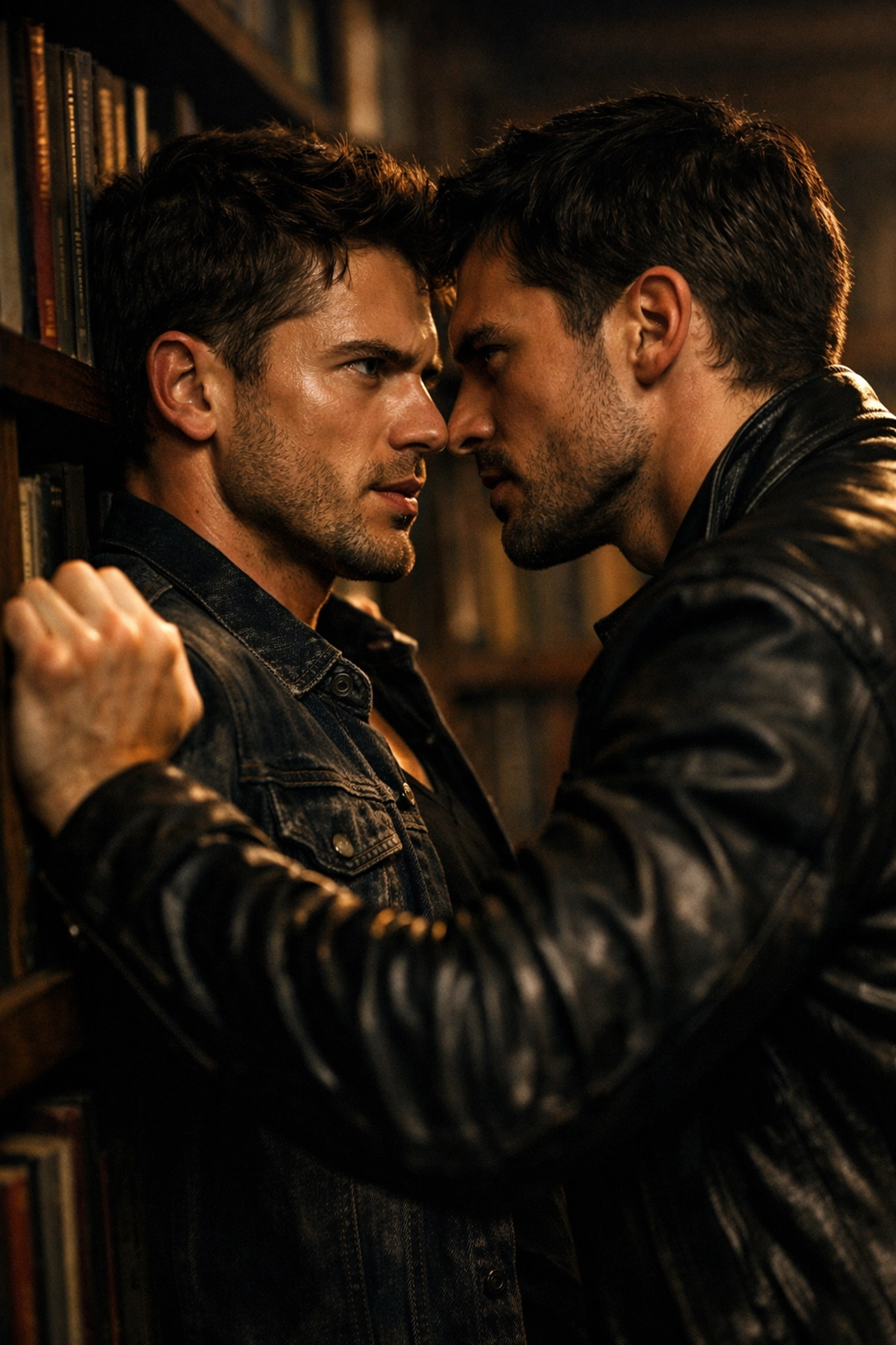 Two men facing off in a library, illustrating the intense tension of the MM enemies to lovers romance trope.