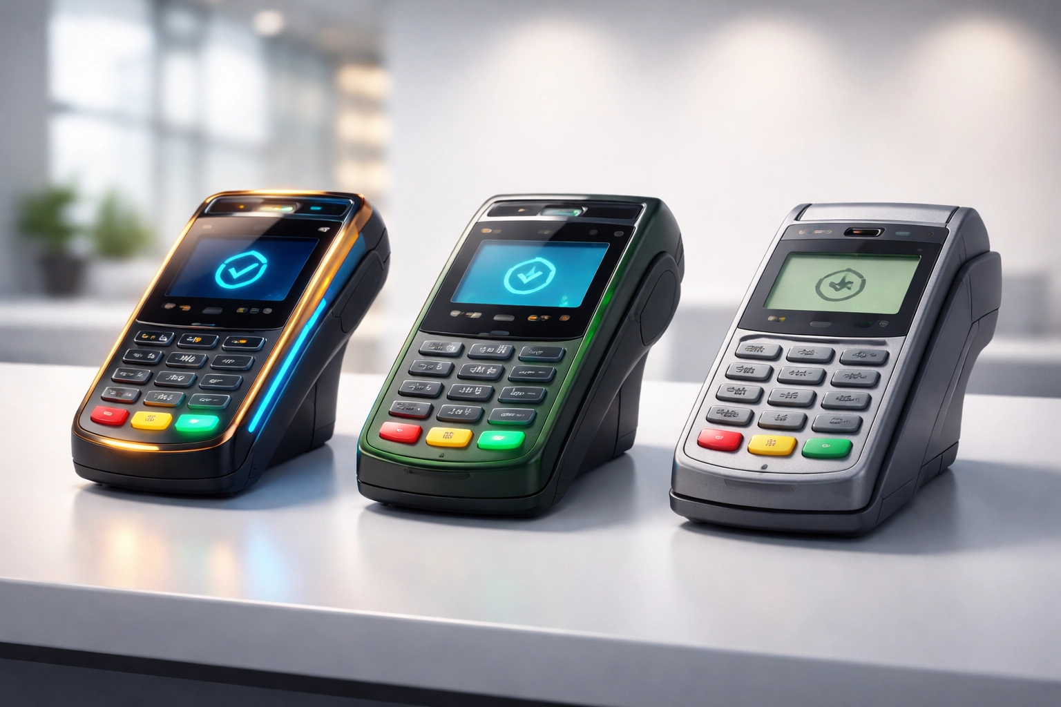 Three point-of-sale terminals side by side, illustrating a comparison of crypto payment systems for small businesses.