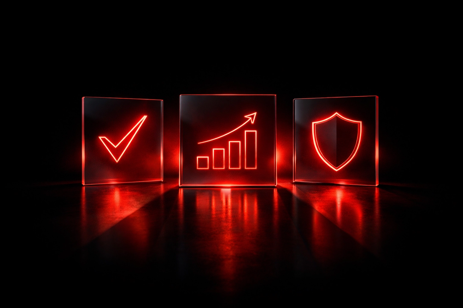 Floating glass panels with glowing red symbols representing verifiable proof and business trust signals.
