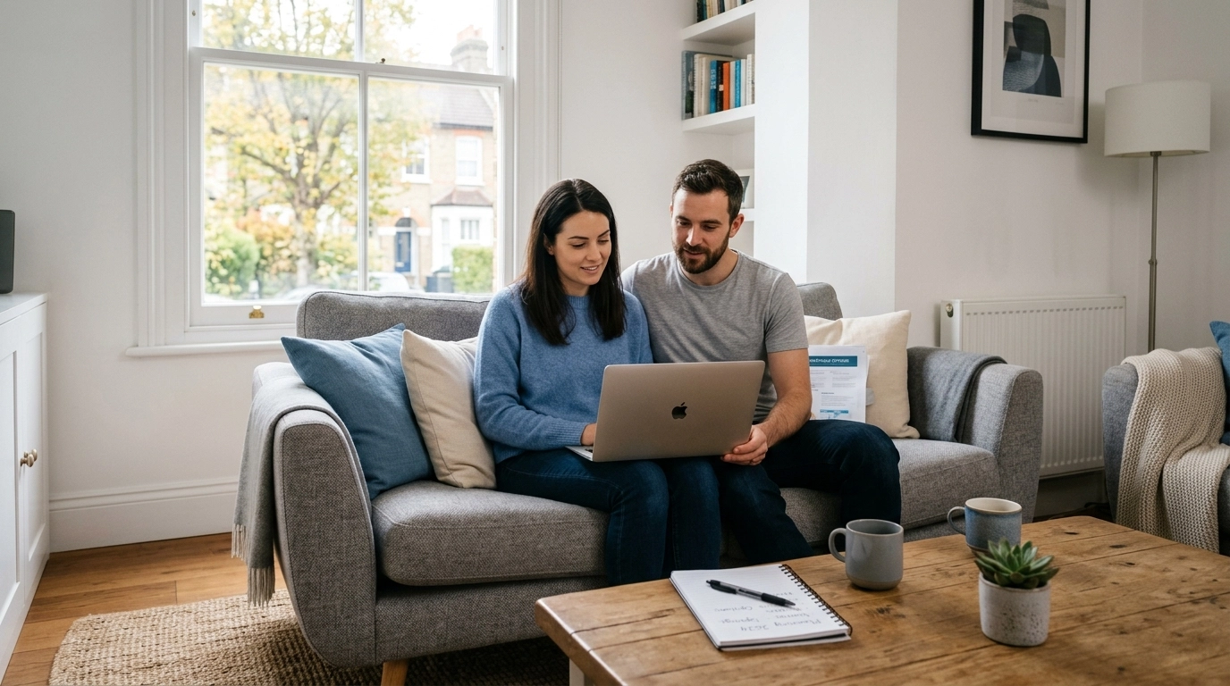 A couple in a contemporary UK home looking at a laptop, discussing their financial future.