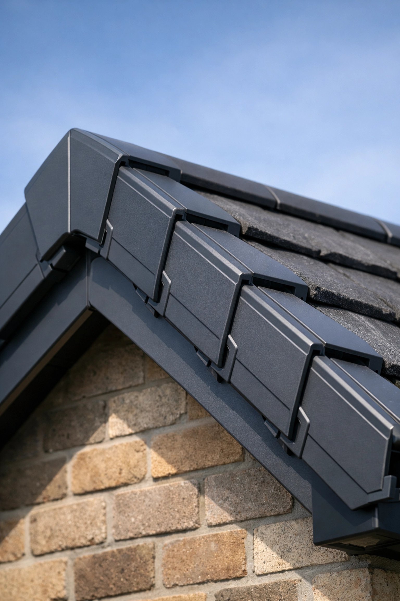 Close-up of a modern anthracite-grey dry verge system providing a weatherproof seal on roof tiles.