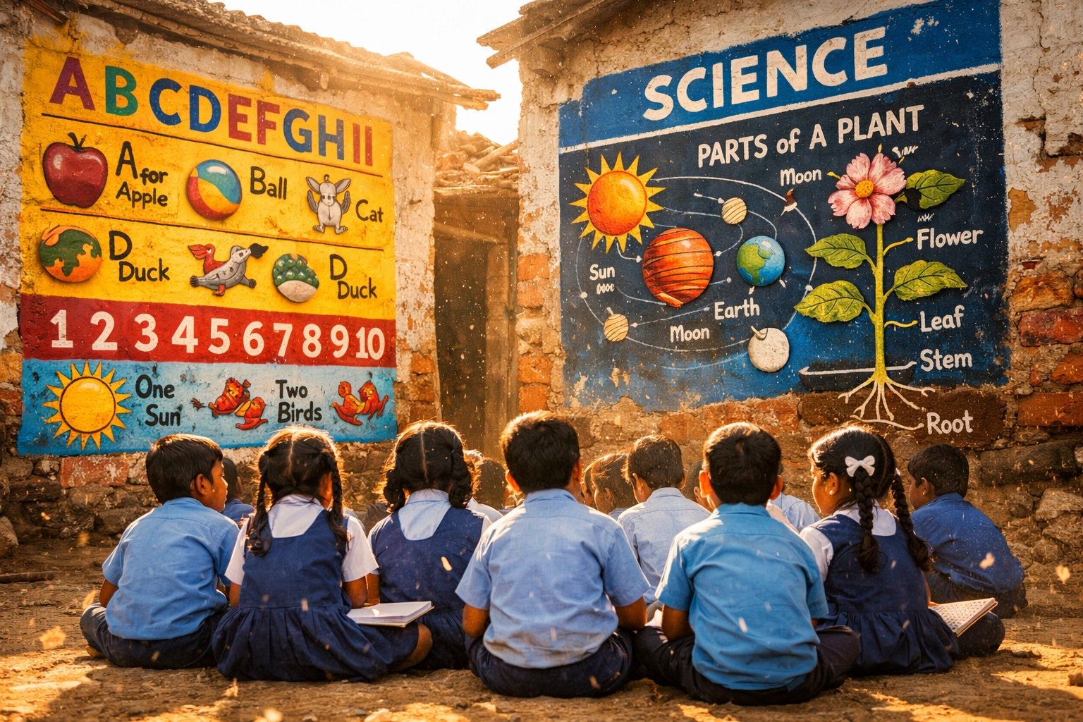 Children learning from colorful educational murals painted by teacher Rouble Nagi in India