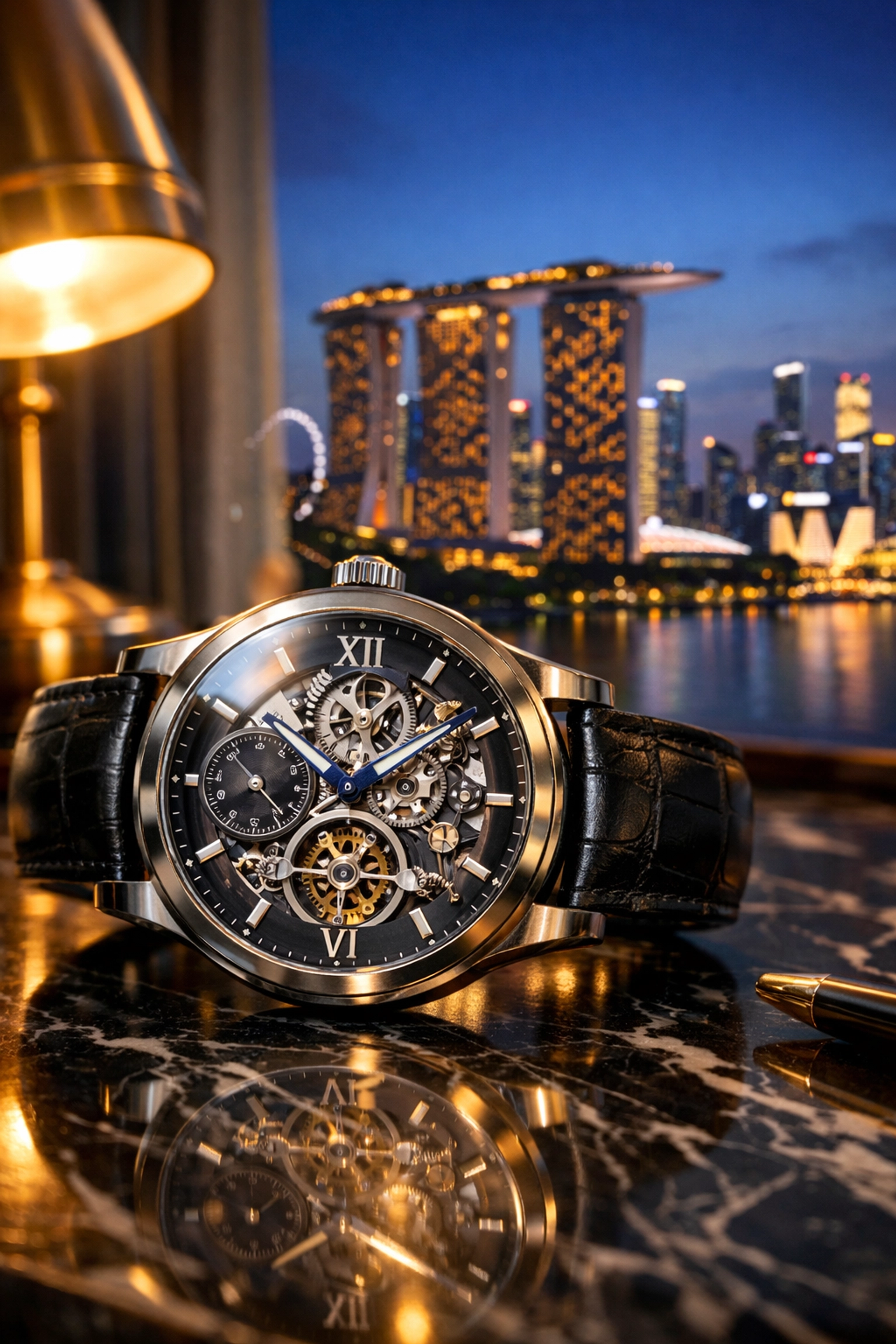Luxury watch and Singapore Marina Bay Sands skyline illustrating global time zone coordination for business calls.