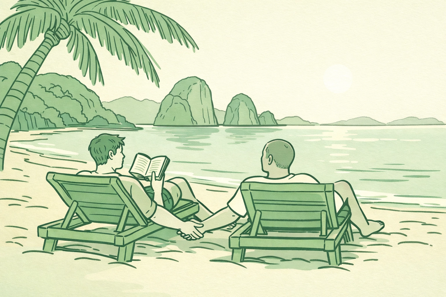 MM couple relaxing on beach loungers at quiet Phuket shore