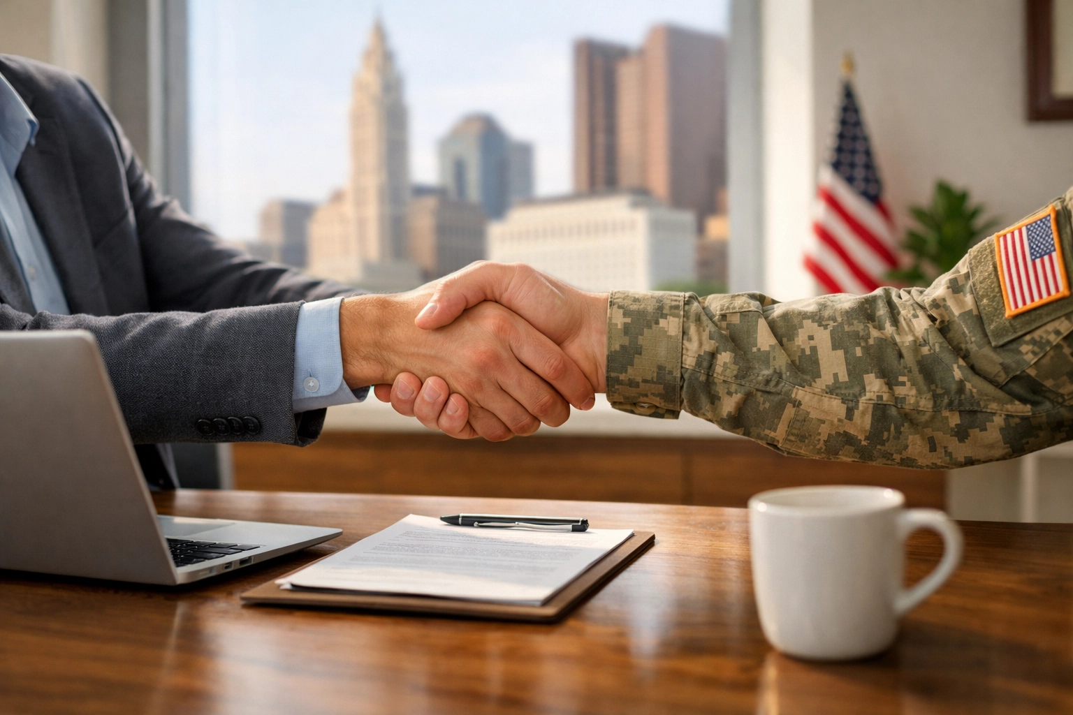 Handshake in a Columbus office between a veteran and an Affinity Group Mortgage loan officer.