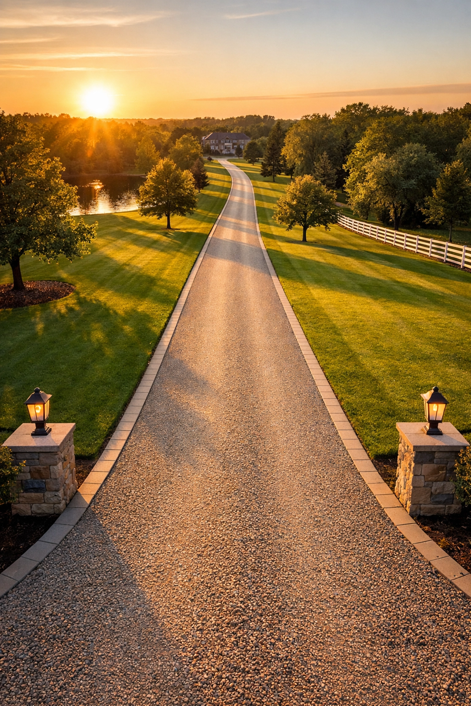 Pristine gravel driveway with a perfect crown and sharp edges, finished by professional grading services.