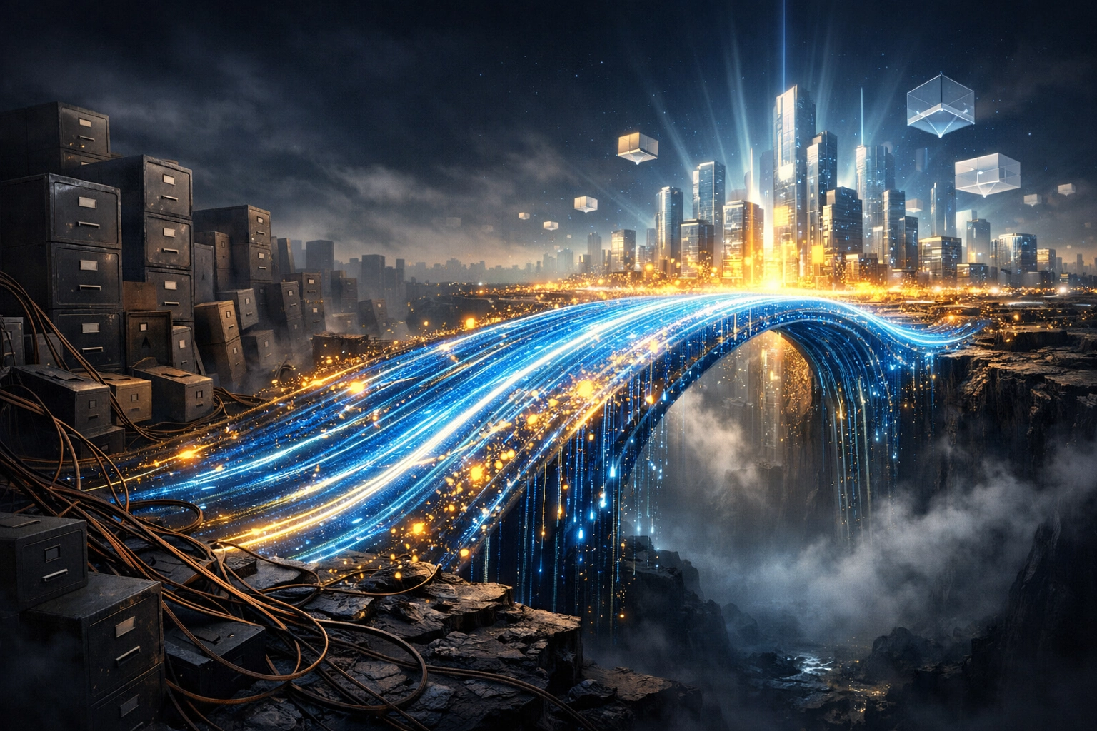 A glowing data bridge representing the transition from legacy systems to Oracle Cloud EPM solutions.