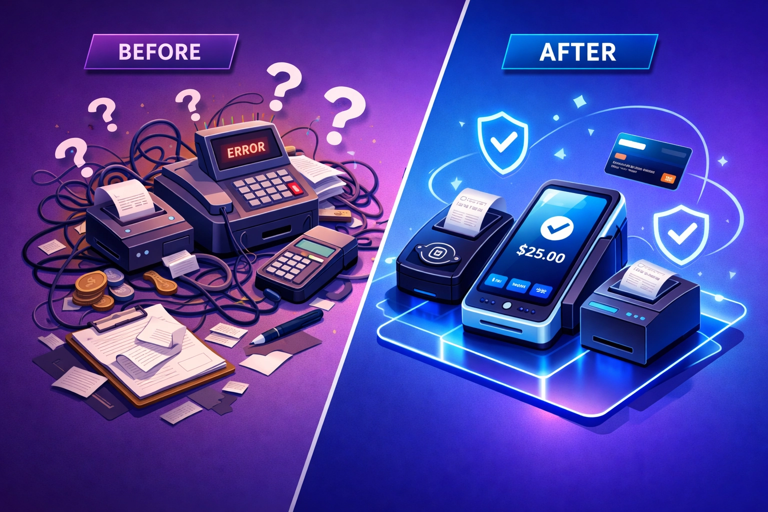 Crypto payment system transformation showing streamlined merchant processing and lower fees