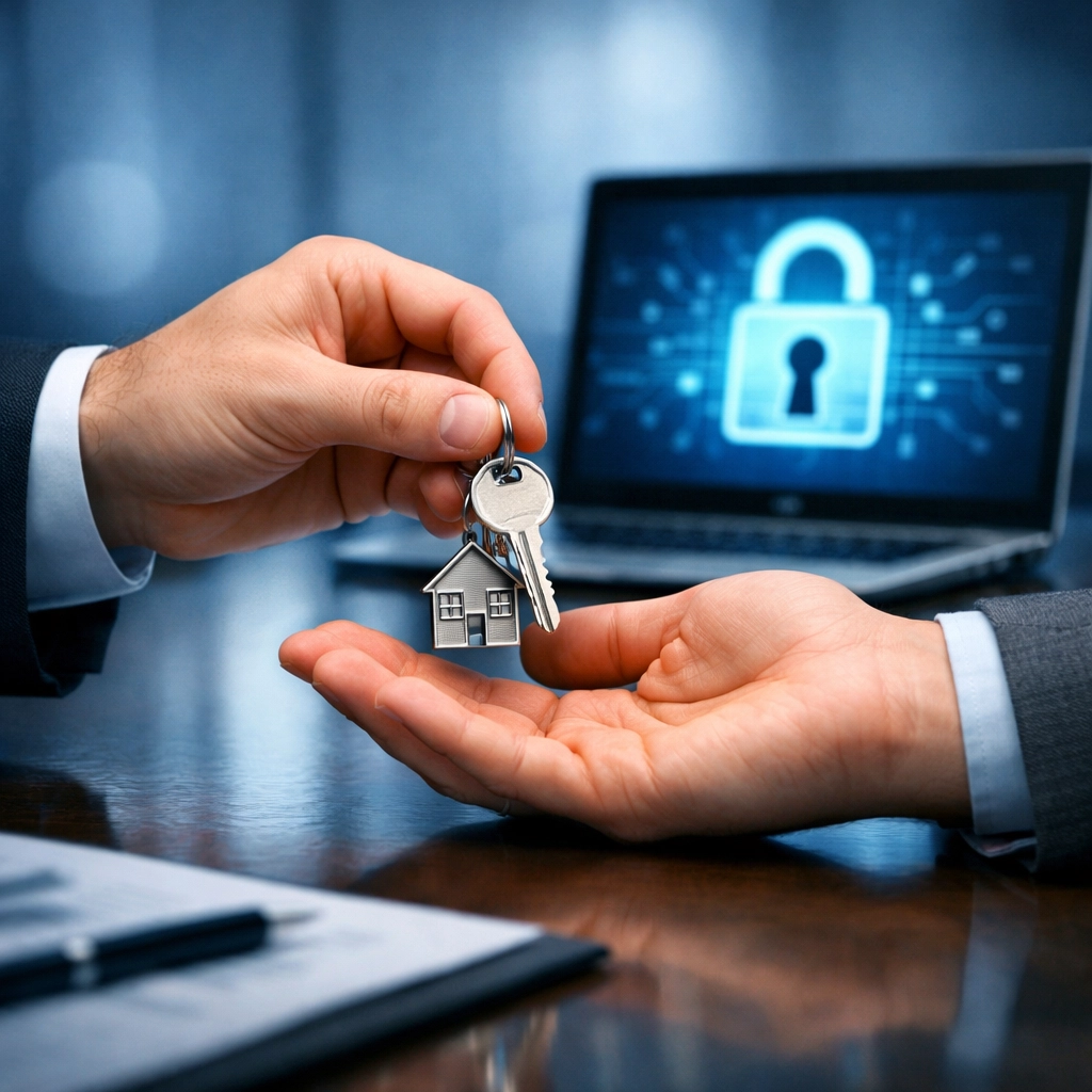 Secure real estate closing with house keys being exchanged at title company