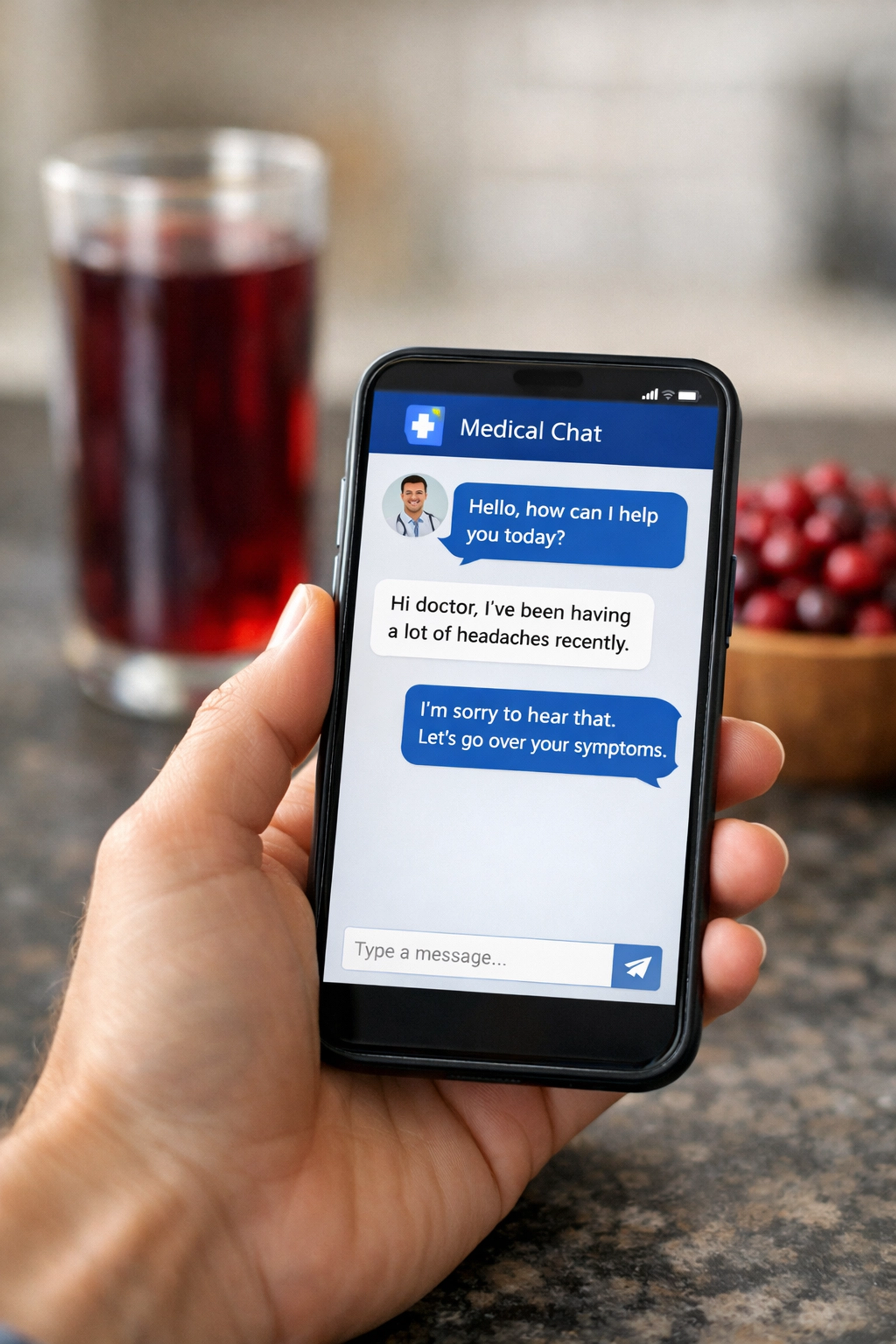 Person using a smartphone to chat with an online doctor for UTI treatment and prescription.