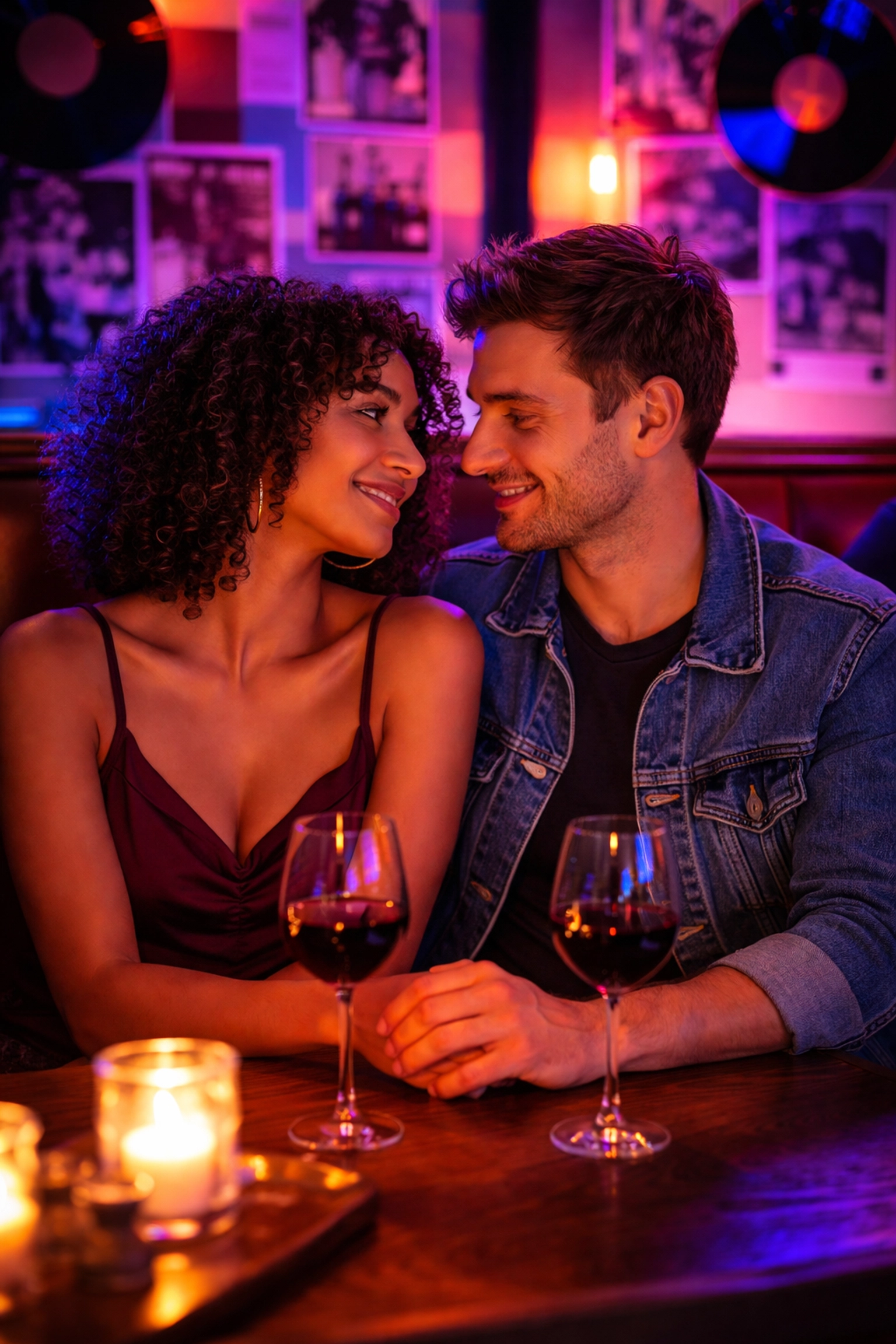 Engaged couple sharing a tender moment at a wine bar, highlighting the importance of personal love story moments in wedding playlist planning.