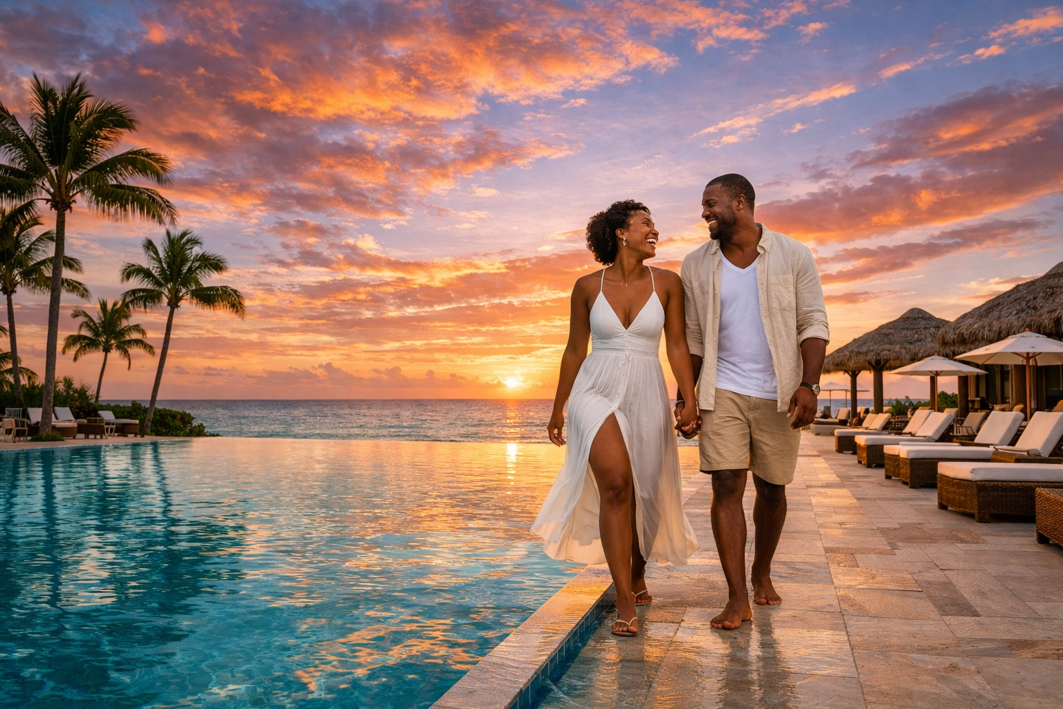 Luxury adults-only Caribbean resort at sunset, the result of a stress-free travel planning service.