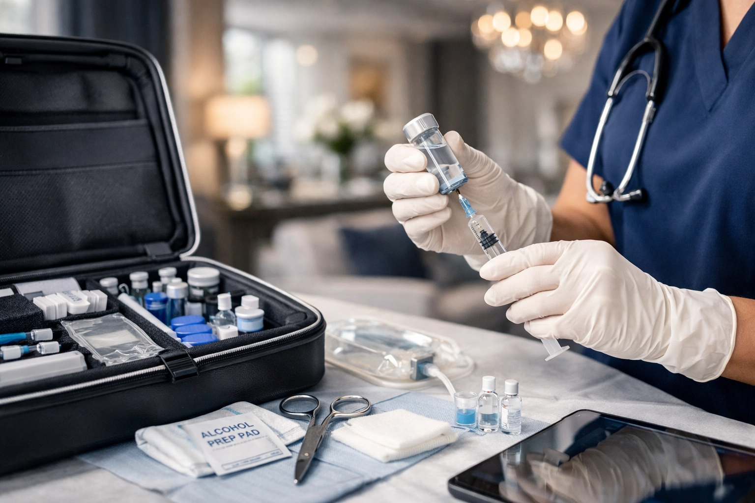 Specialized nurse preparing hospital-grade wound care treatments for at-home surgical recovery.