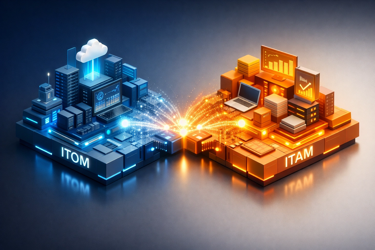 Visual representation of ITOM and ITAM integration creating unified ServiceNow architecture