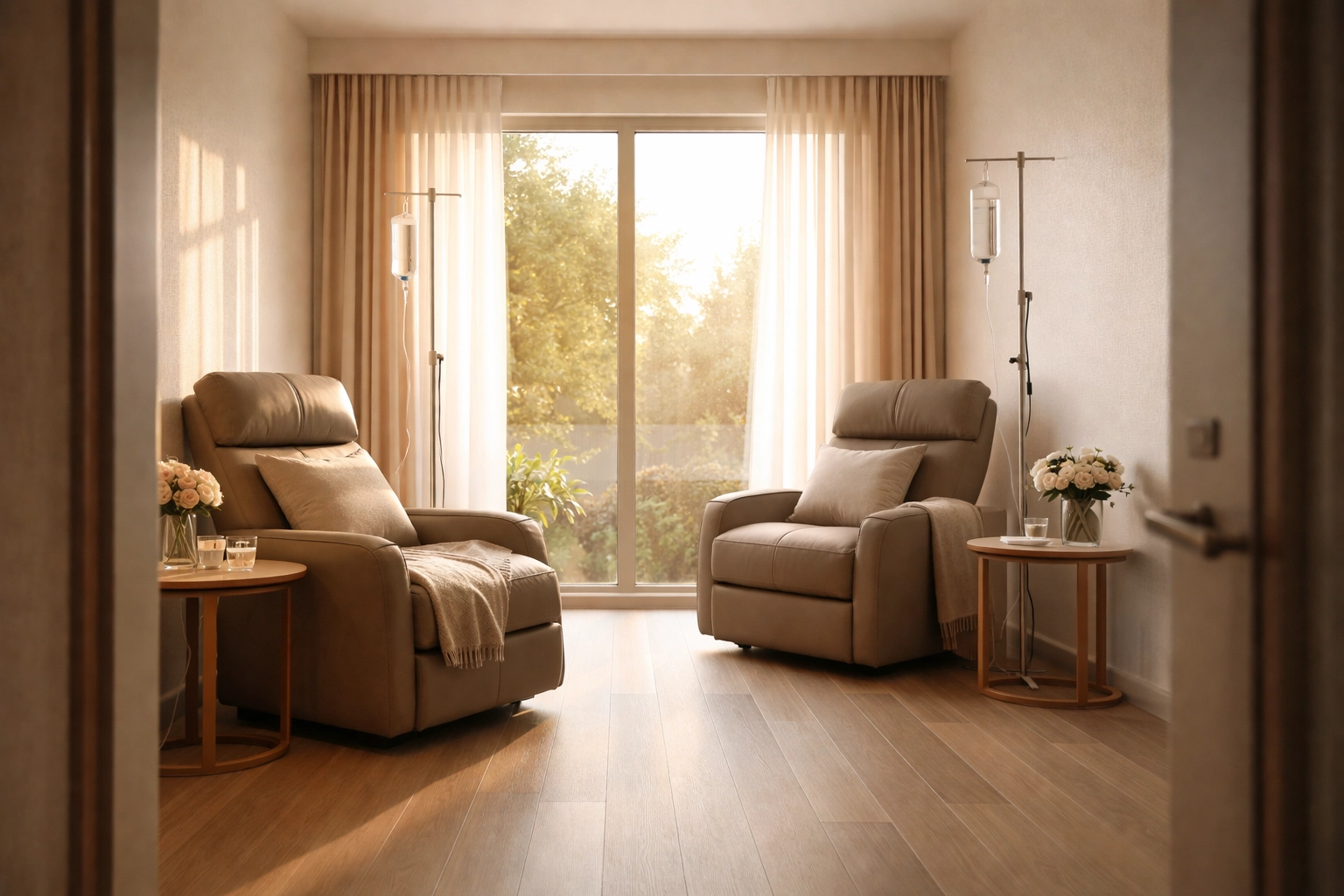 Calm IV therapy treatment room with recliners and warm light in a Las Vegas medical wellness clinic.