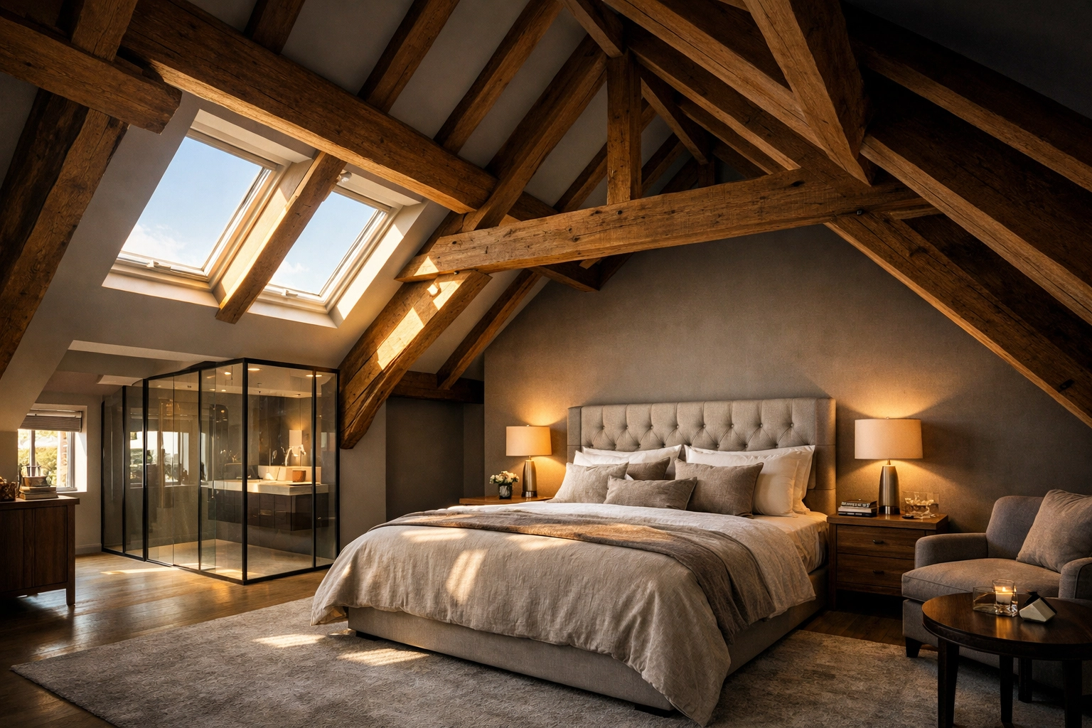 Modern loft conversion master bedroom with skylights and an en-suite bathroom in a West Sussex home.
