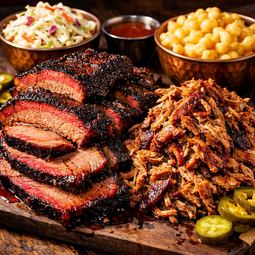 Massive BBQ platter with smoked brisket and pulled pork from a Salt Lake City food truck menu.