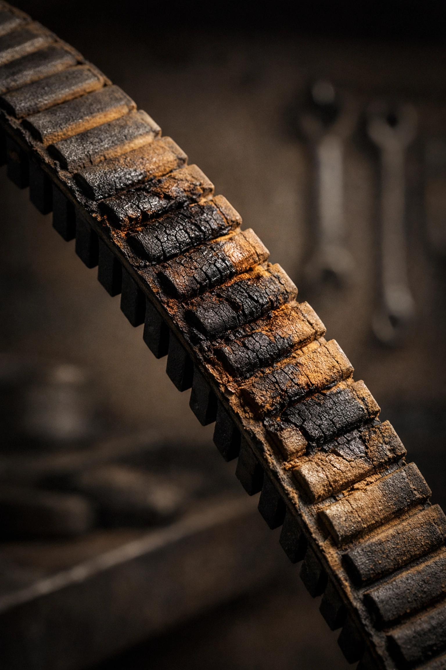 Damaged UTV belt showing heat damage with burnt rubber and dark discoloration from overheating