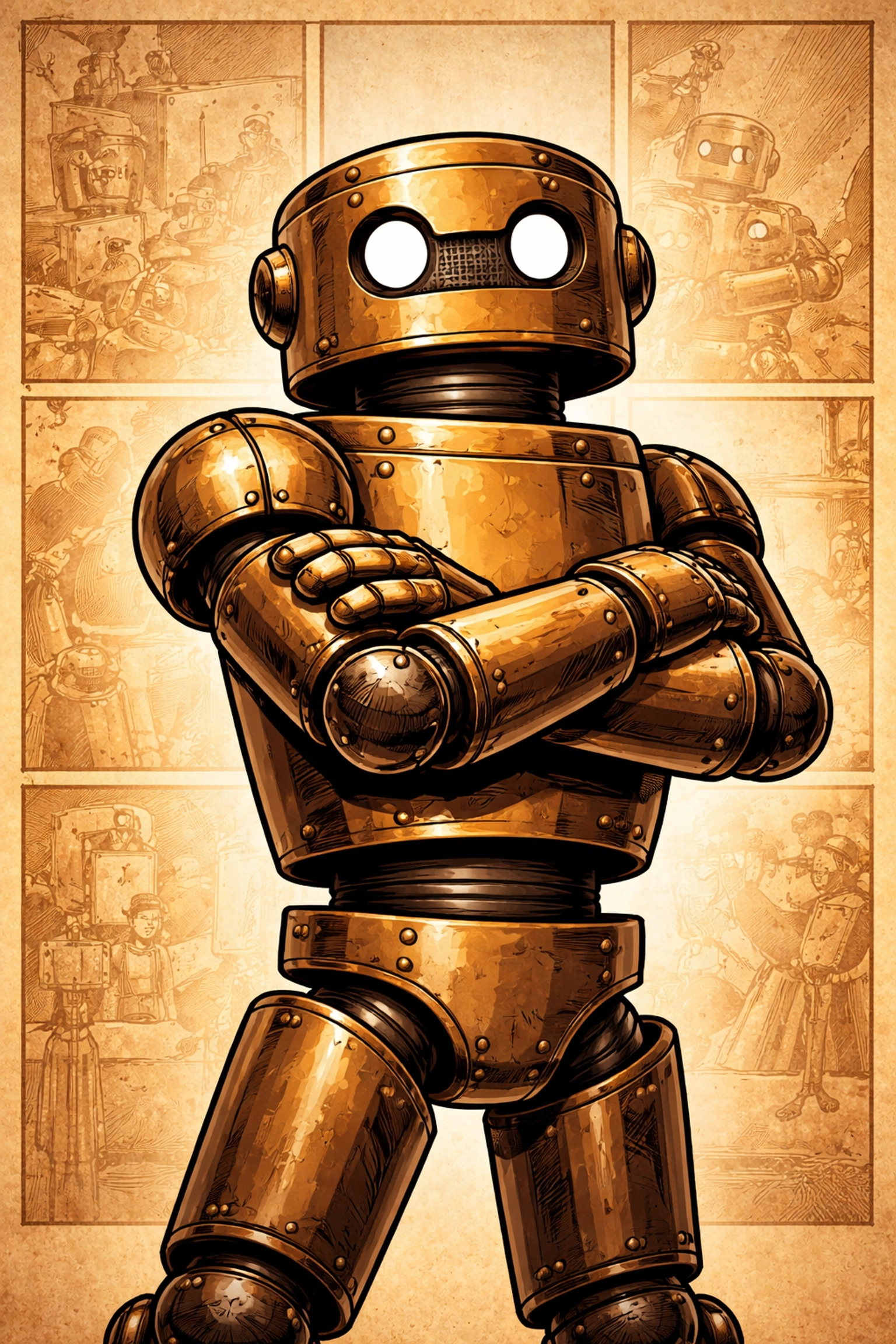 Friendly comic-style brass robot symbolizes a fixed RV water pressure regulator known for reliability.