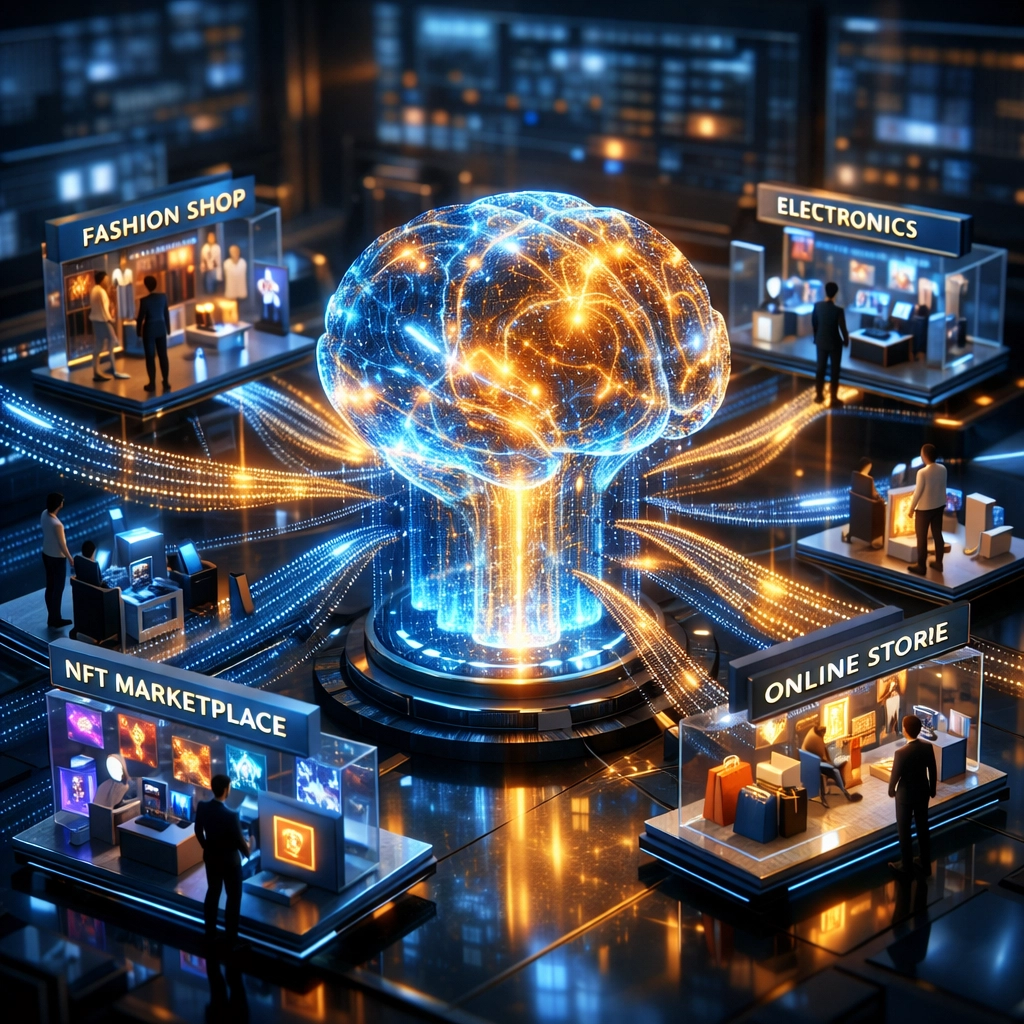 Larecoin AI ecosystem visualizing smart merchant analytics and automated Web3 payment connections.