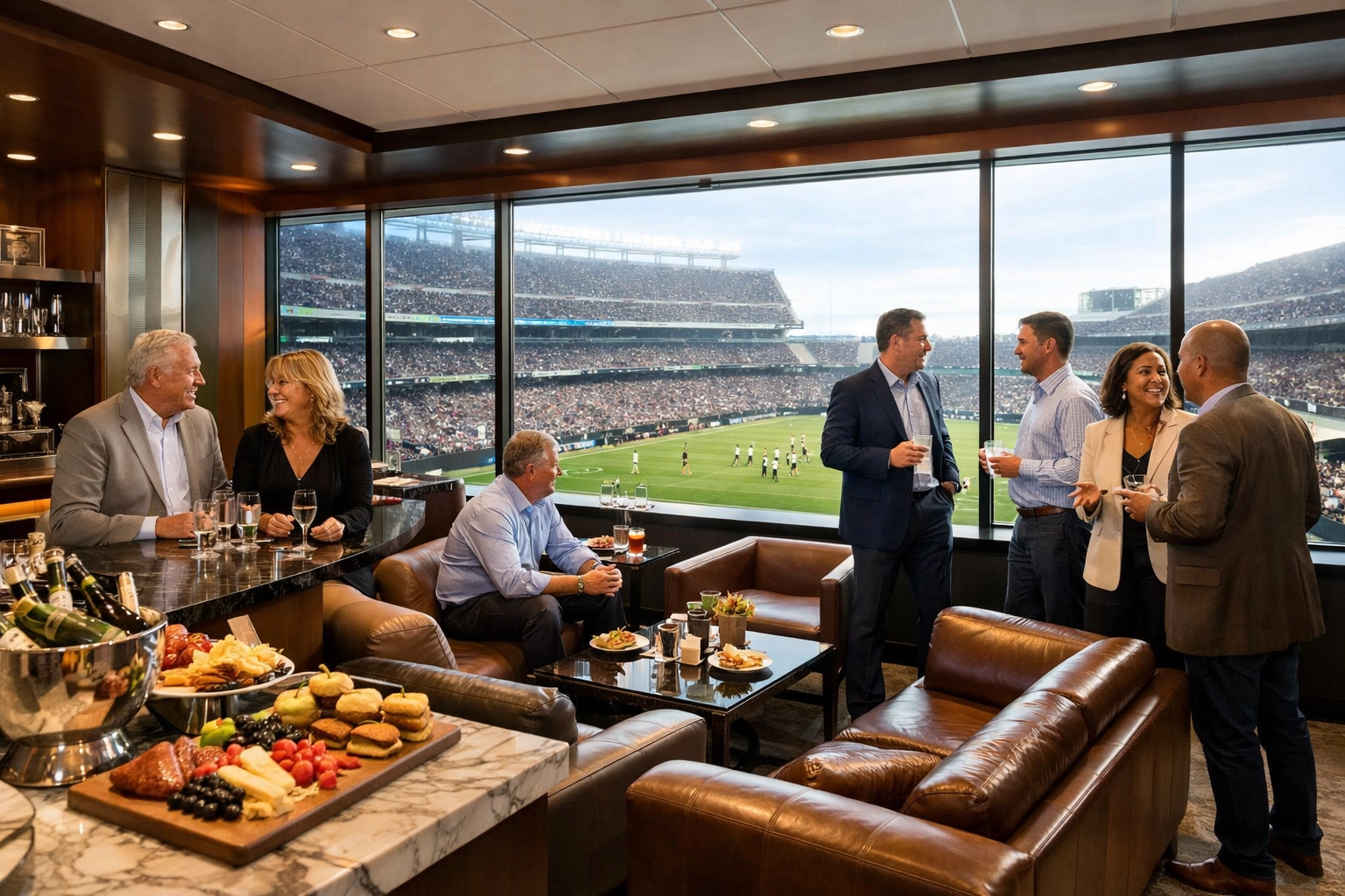 Luxury corporate suite at Super Bowl with executives networking during game