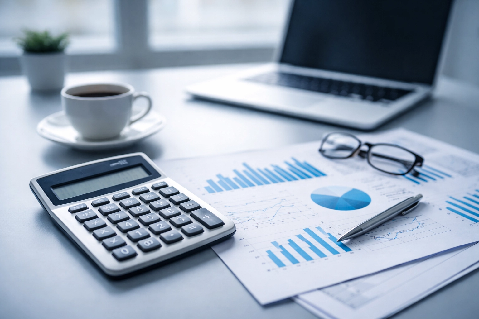 Office desk with calculator and charts, illustrating compliance and financial planning for merchant account processing