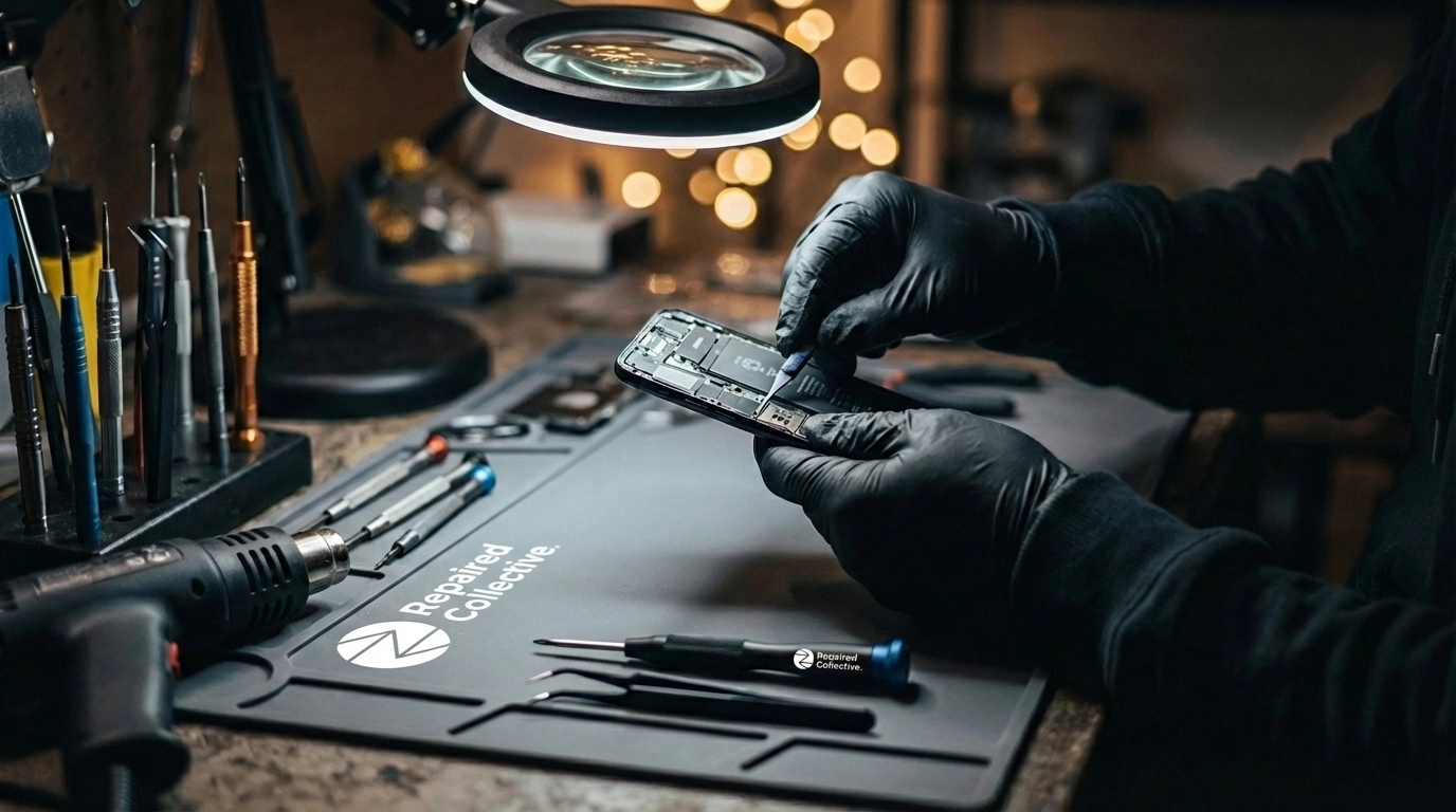 Close-up of expert hands repairing a smartphone on a dark workspace, showcasing precise and professional phone repair services in NYC.
