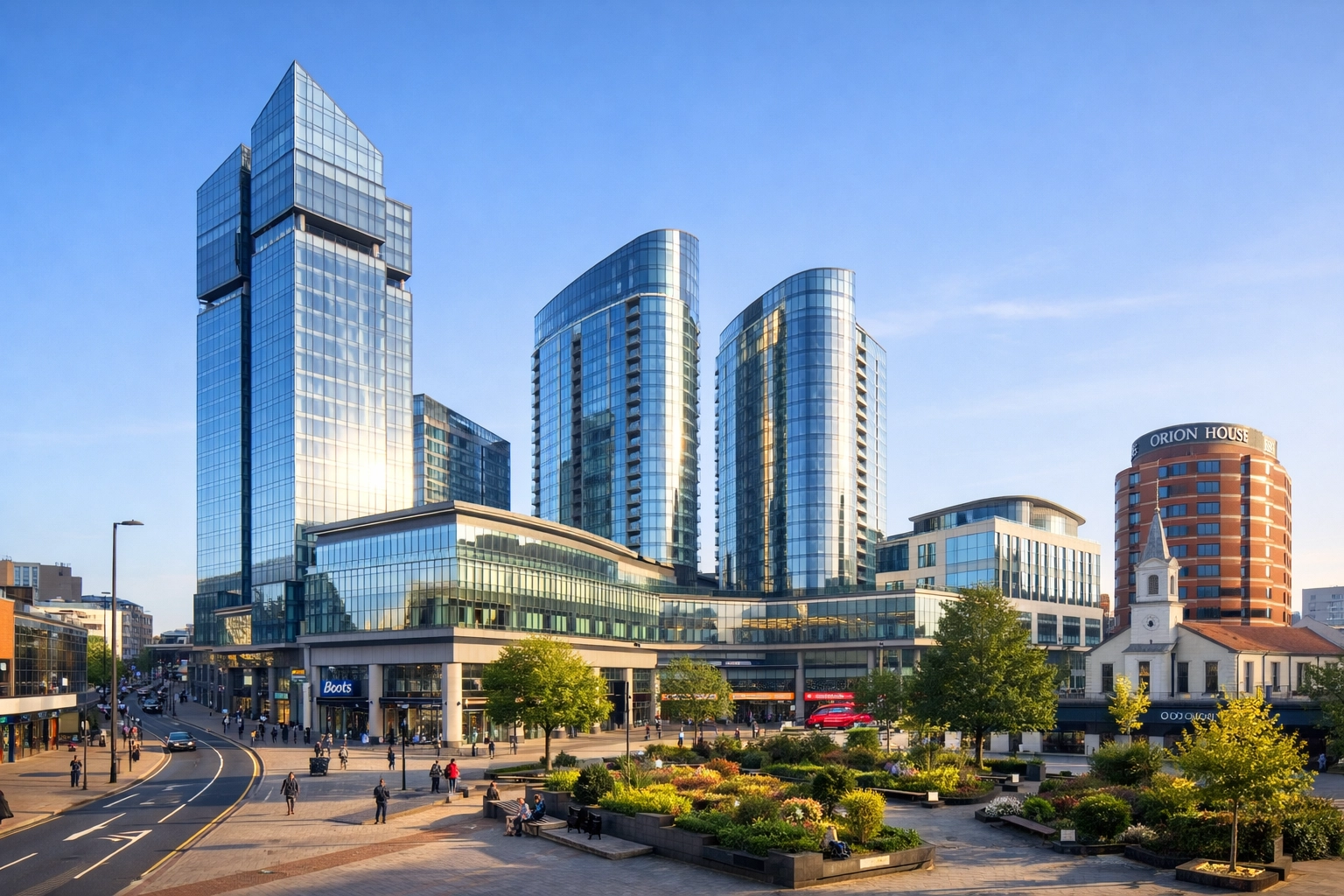 Modern Woking town centre skyline showing urban growth for property investors in Surrey.